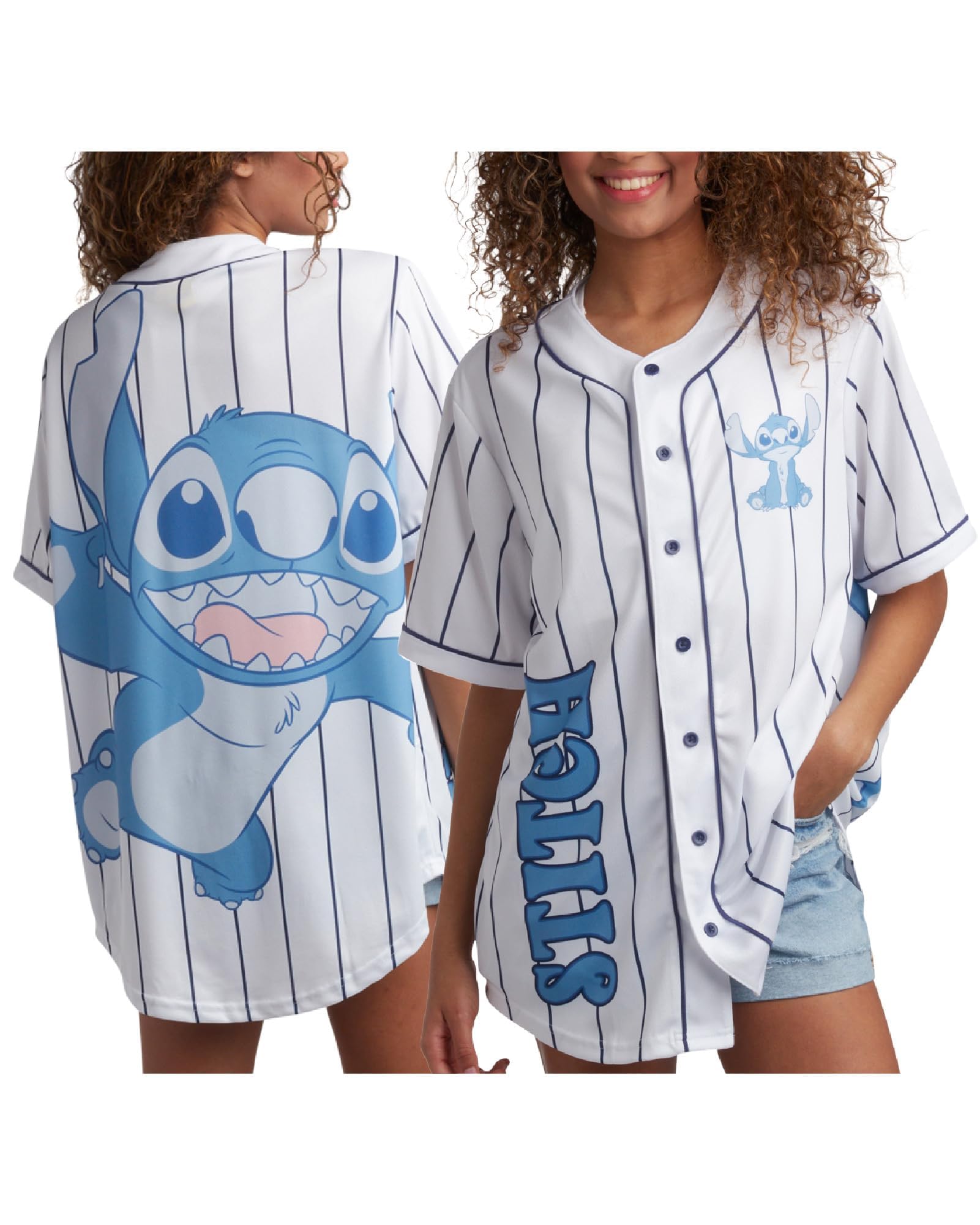 Disney Womens Baseball Jersey - Mickey Mouse Lightning McQueen Marie, Lilo and Stitch Womens Baseball Shirt, Size Medium, Lilo & Stitch White/Blue