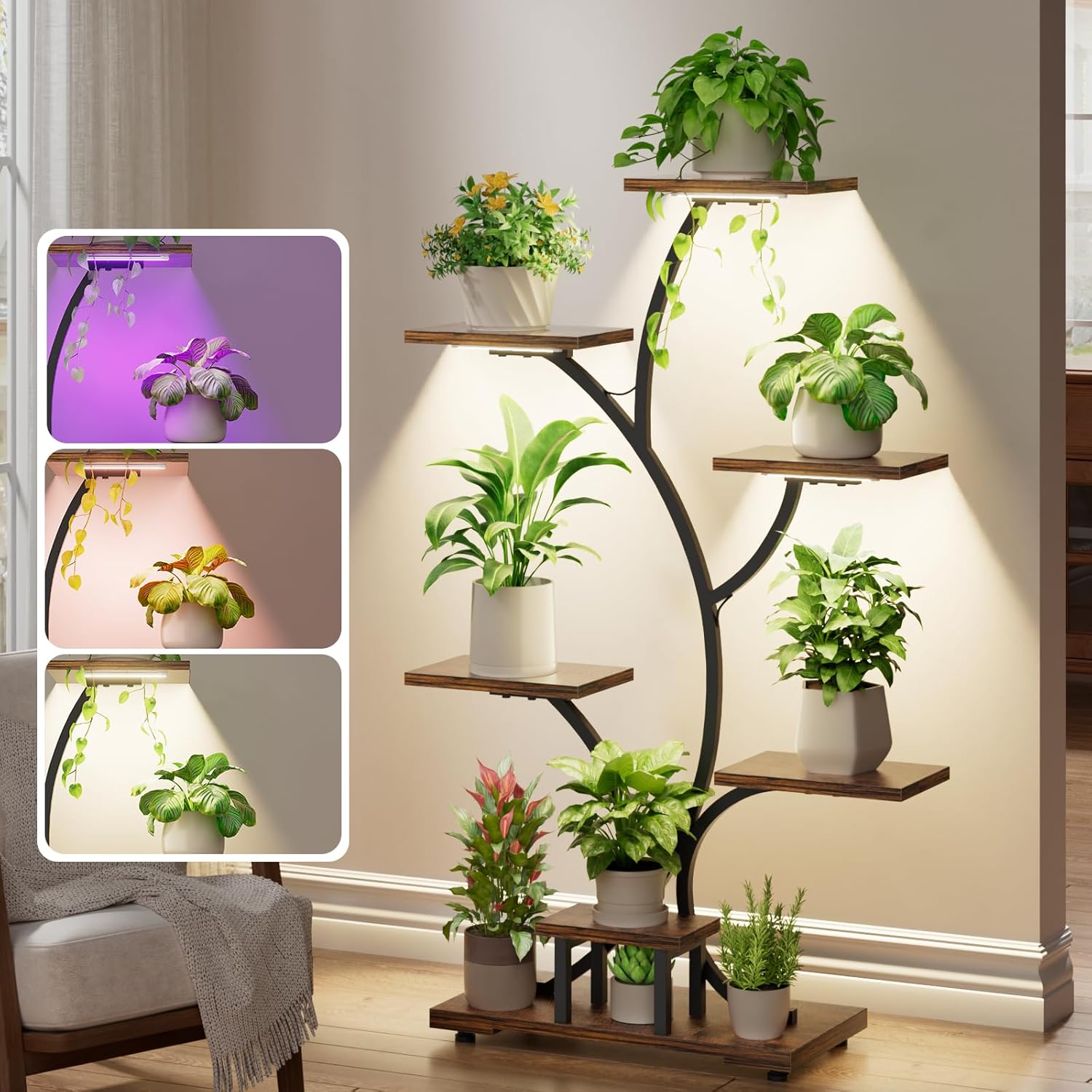 Yzosvki Plant Stand Indoor with Grow Lights, 7 Tiered Large Plant Shelf Flower Stand, Tall Plant Shelves for Living Room, Patio, Corner, Heavy Duty, Rustic Brown and Black