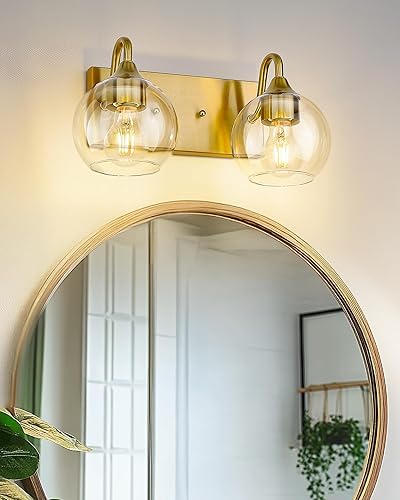 Miniatura 6 de Emak VL118-BGD-CG-2 - Moderna lámpara de baño de oro cepillado, 2 luces con pantalla de vidrio transparente, luces de tocador de globo para baño,