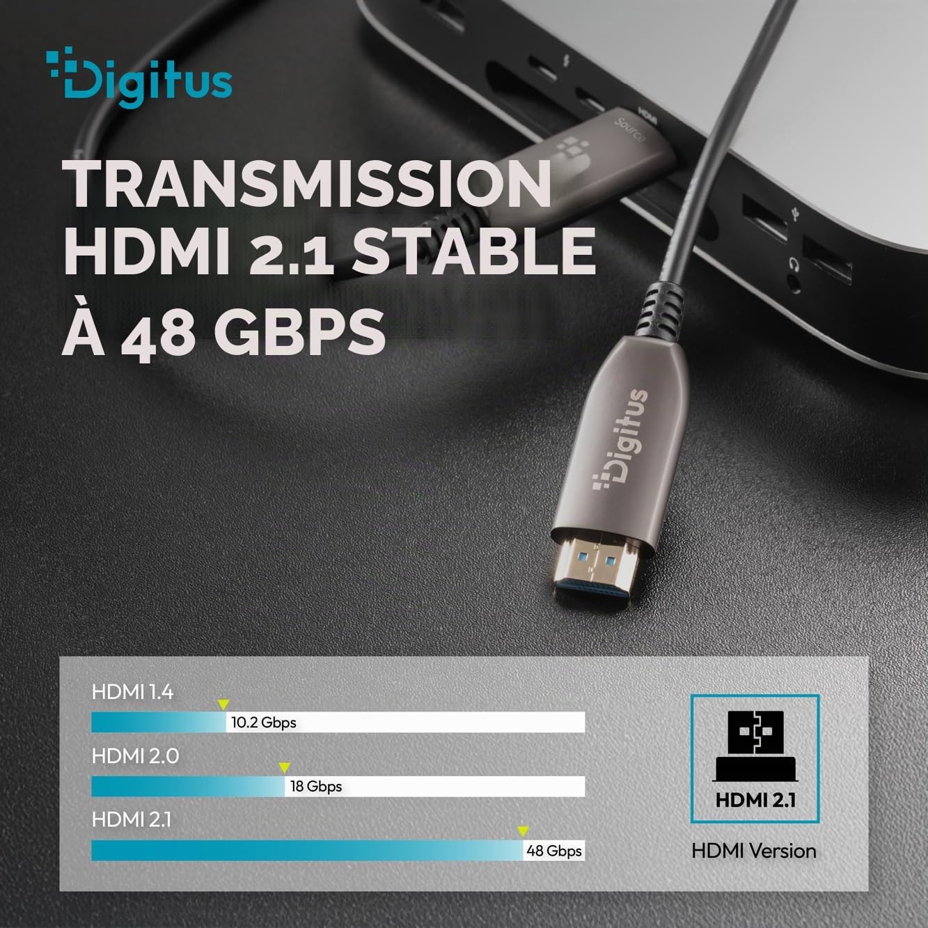 DIGITUS Câble HDMI à fibre optique – 15 m – UHD 8k 60 Hz 4k 120 Hz | HDMI 2.1 – 48 Gbps – eARC, HDR, HDCP 2.2, CEC – Câble hybride AOC – contacts plaqués or – câble HDMI à FO – noir