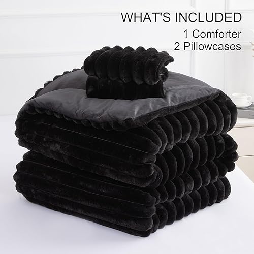 Miniatura 6 de A Nice Night Juego de edredón de forro polar a rayas, tamaño Queen, súper suave y cálido, ropa de cama mullida de pelo sintético de lujo para