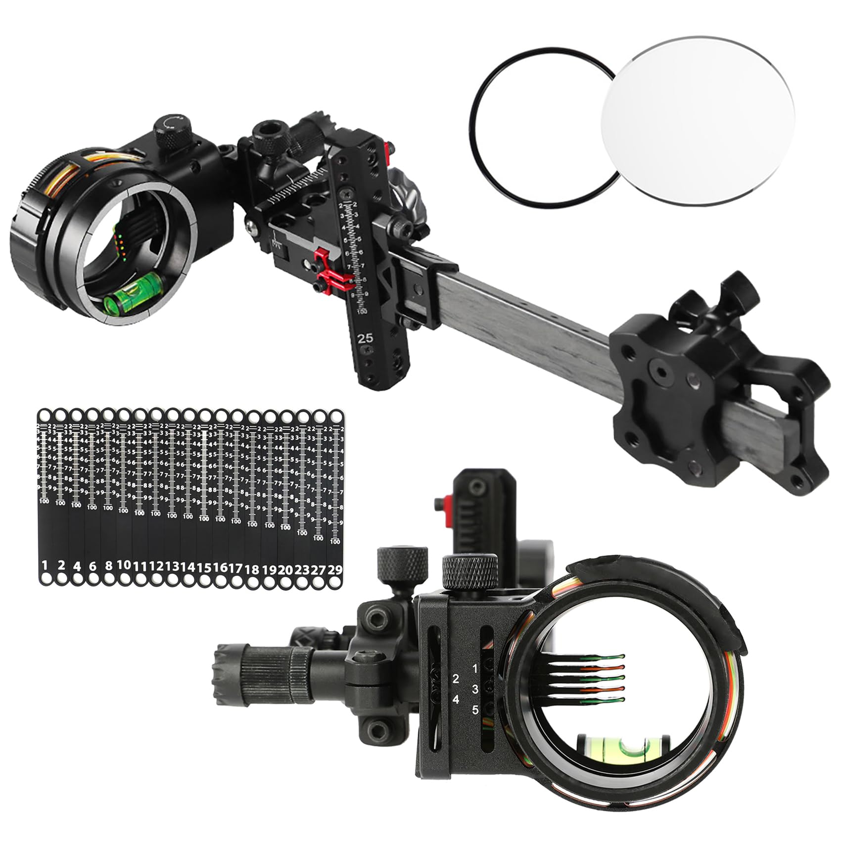 Compound Bogenvisier,11" Carbonstange, Bogenvisier mit Lichtvisier,5 Pin 0.019“ Glasfaser,Feineinstellung,4X & 6X & 8X Linse für Bogenschießen Jagd