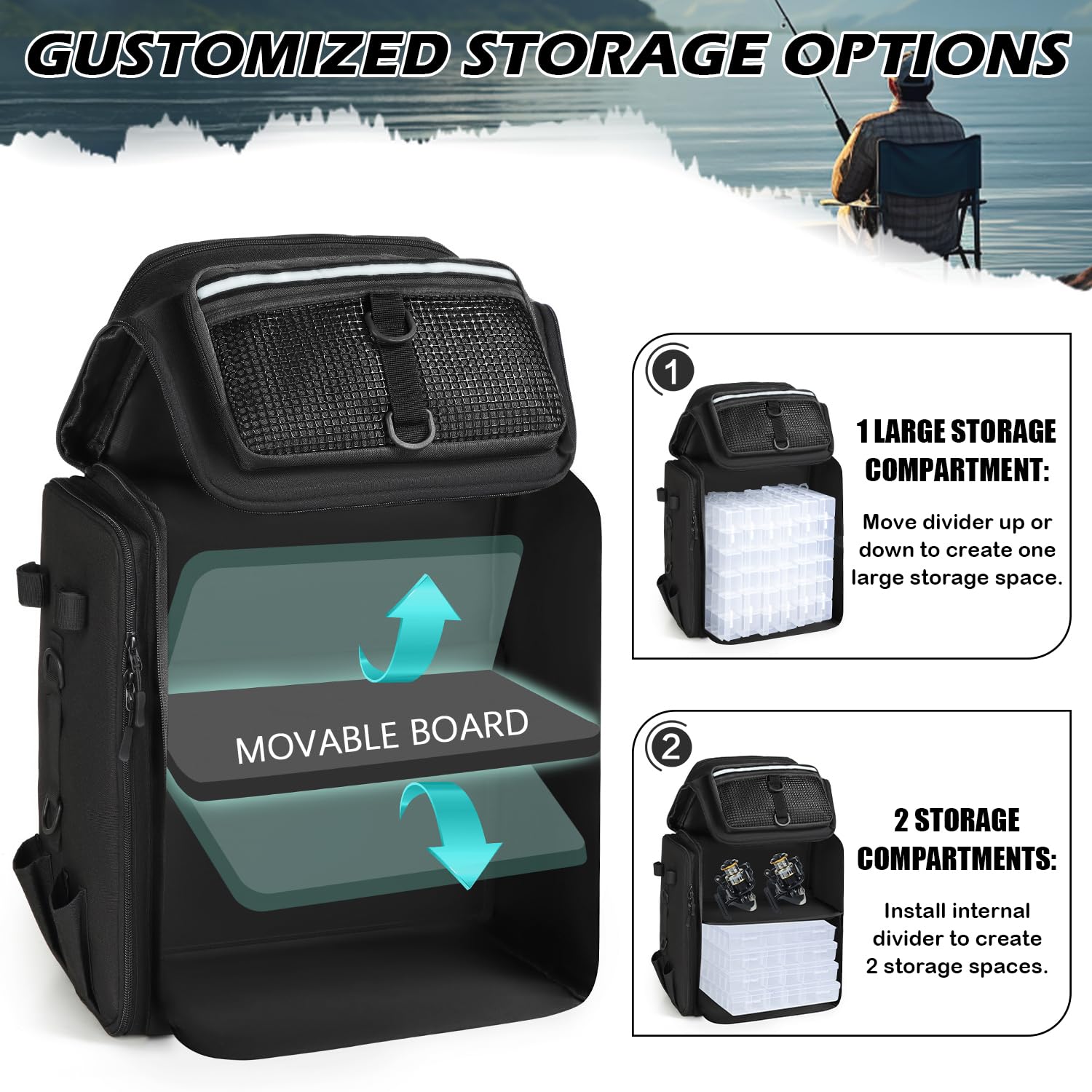 Zaino da pesca con 4 scatole e supporti per canna da pesca da 45 l, impermeabile, per pesca, escursionismo, campeggio, trekking (nero)