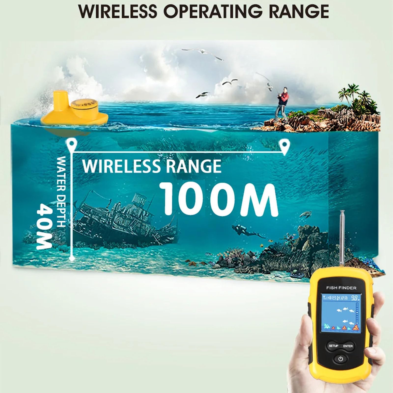 Buscador de peces portátil con cable/inalámbrico Sonar sonda alarma transductor buscador de peces 0,7-100 m ecosonda de pesca,Wireless