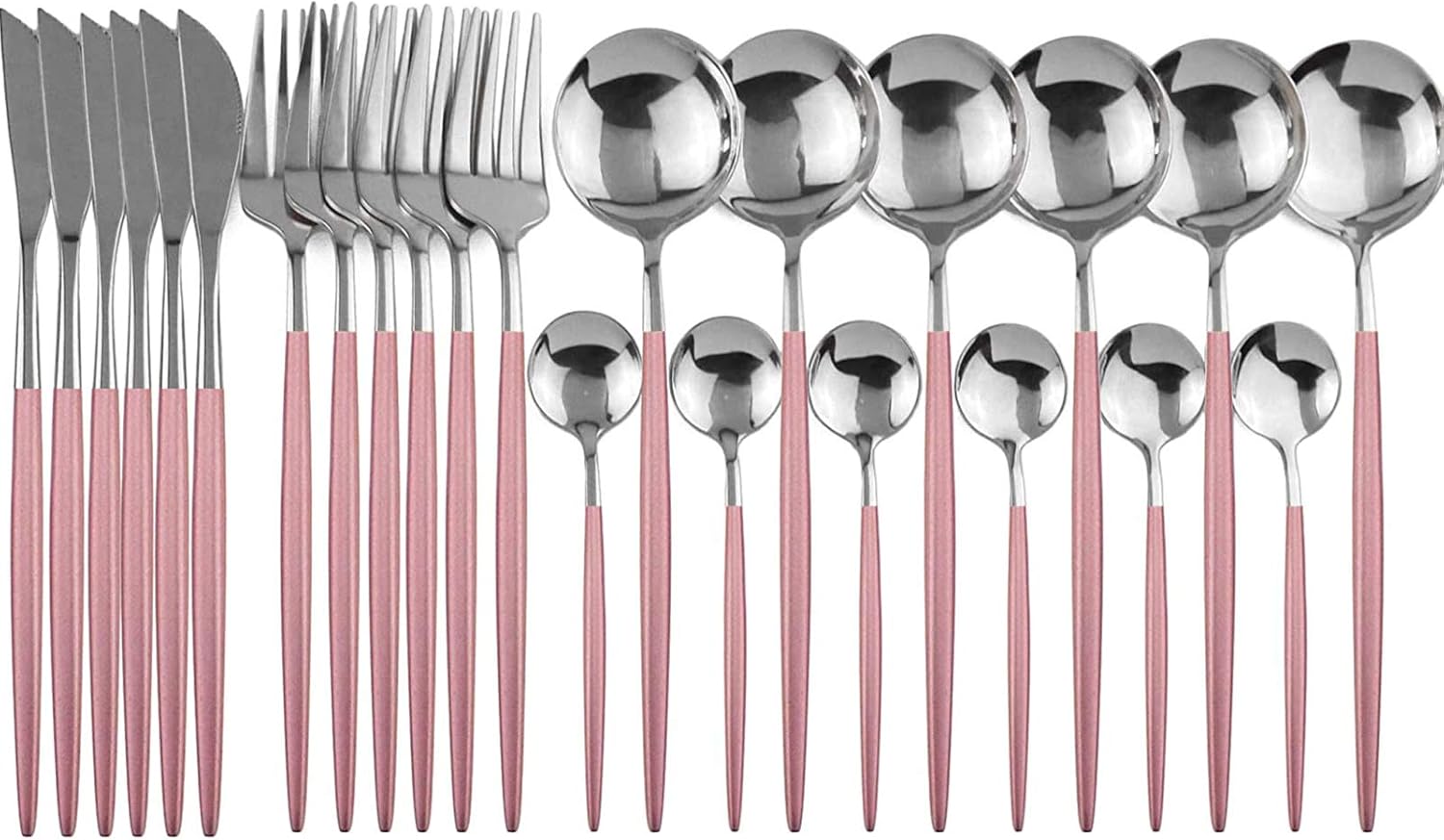 24-Piece Flatware Set, 18/0 Stainless Steel Knife Fork Spoon Teaspoon Silverware Set, Service for 6, Pink Handle Silver