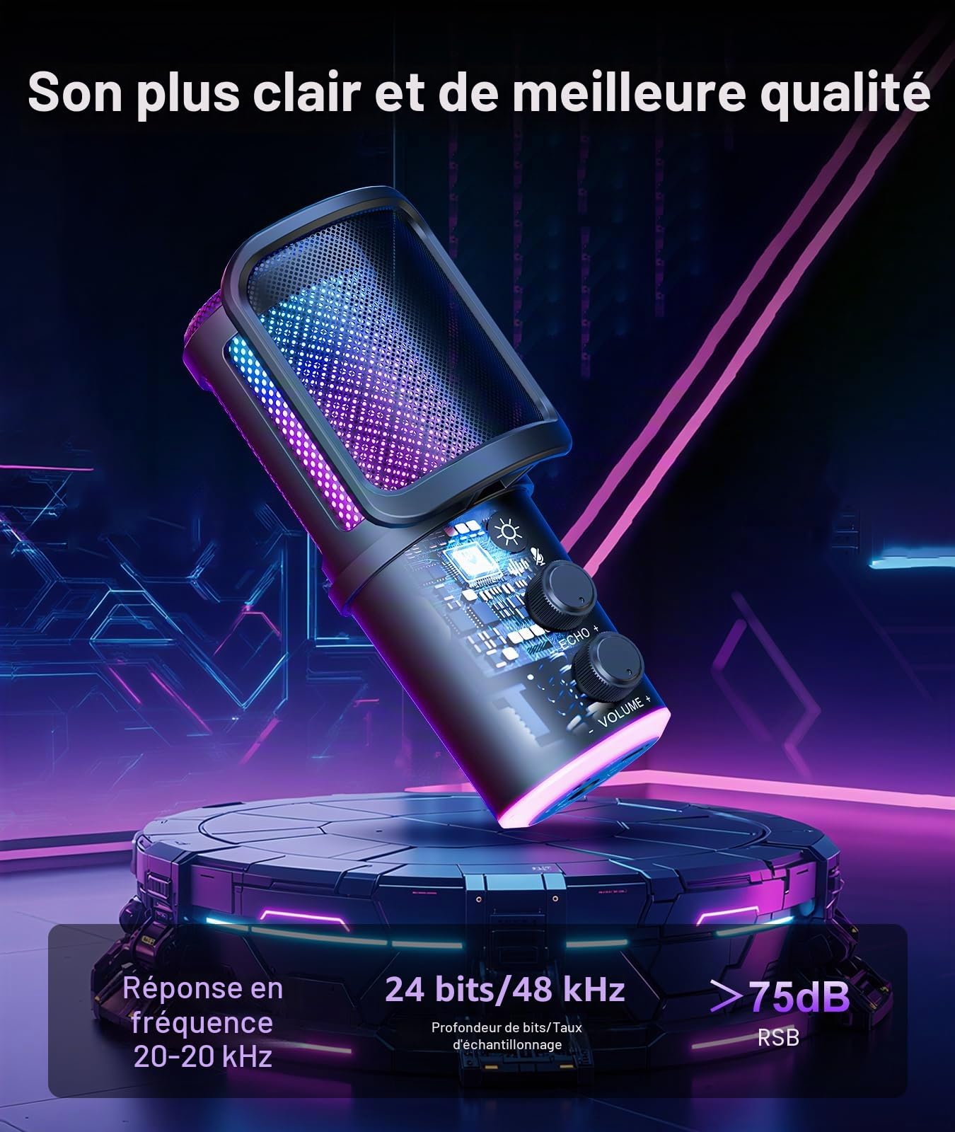 Microphone USB de jeu, microphone à condensateur avec suppression du bruit avec sourdine, bras articulé pour micro-réglage de la réverbération, surveillance pour streaming, podcasting, Discord