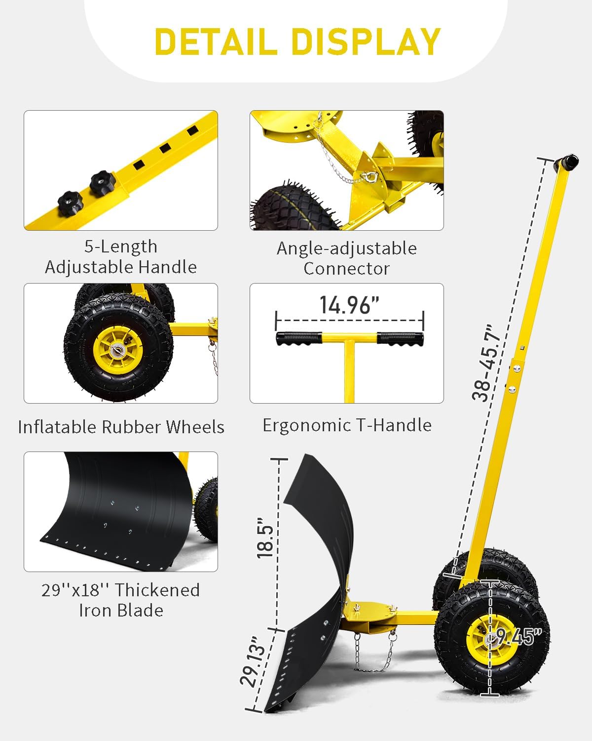 Outvita Snow Shovel with Wheels, 29" Wide 18" Long Snow Plow Shovel Angle & Height Adjustable Padded Handle Efficient Snow Clean Tool for Driveway or Pavement (Yellow)