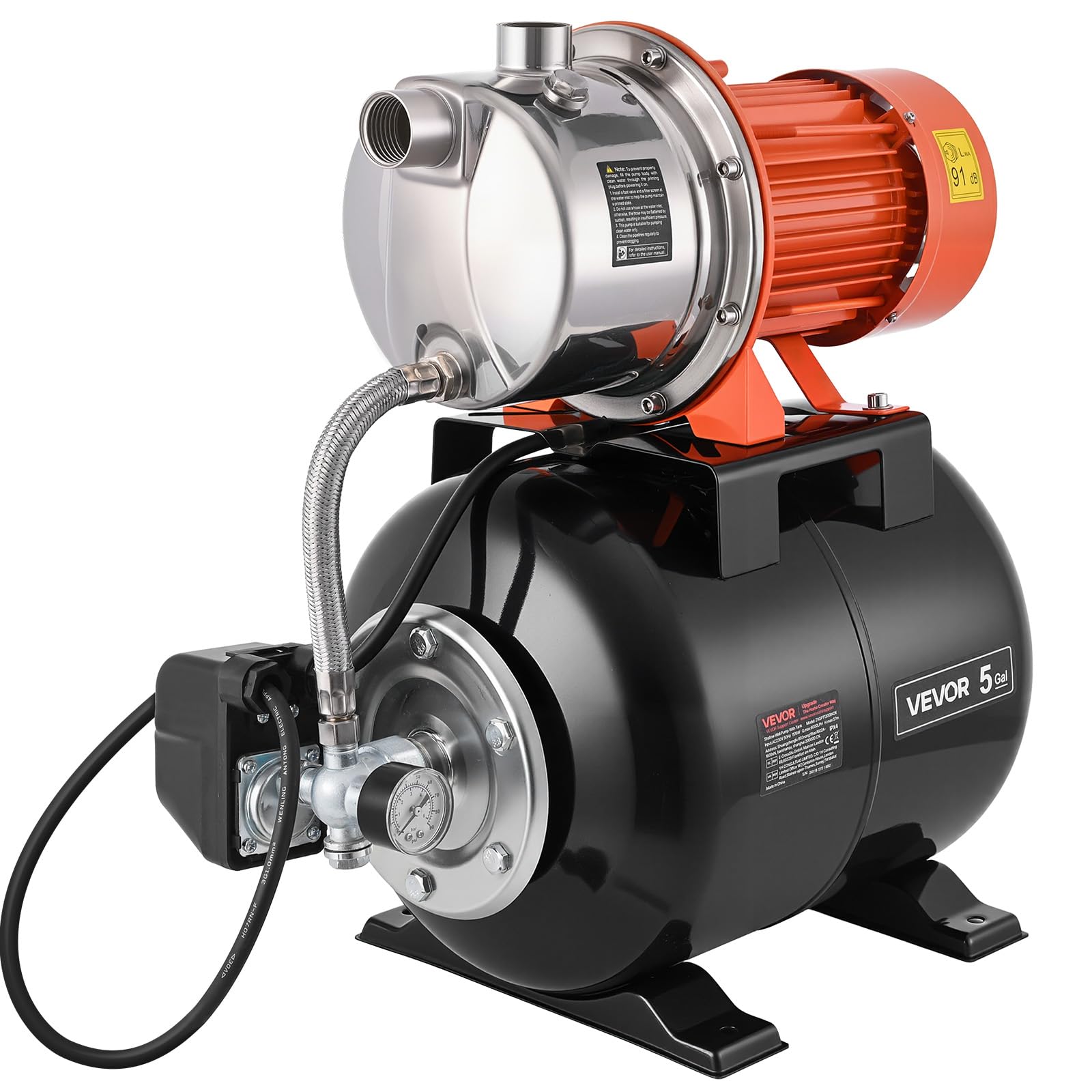 VEVOR Bomba para Pozos Poco Profundos 1,6 HP, Bomba de Agua de Trasvase 6000 LPH, de Acero Inoxidable, con Tanque de Presión 19 L, Filtro, Sistema de Refuerzo de Agua Automático, para Jardín, Césped