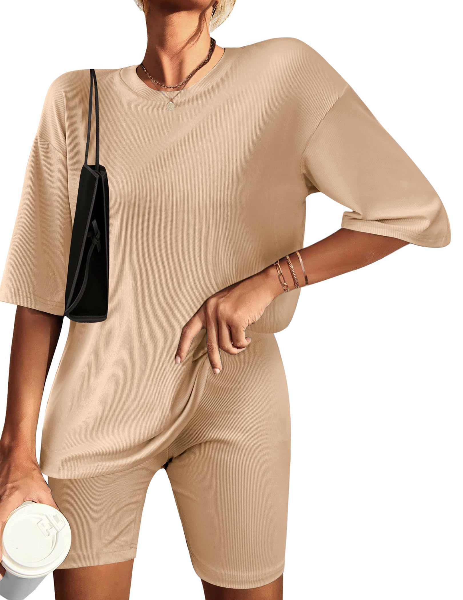 Ekouaer Womens Pajamas 2 Piece Lounge Sets Ribbed Knit Matching T-shirt Biker Shorts Outfits Sleepwear Loungewear