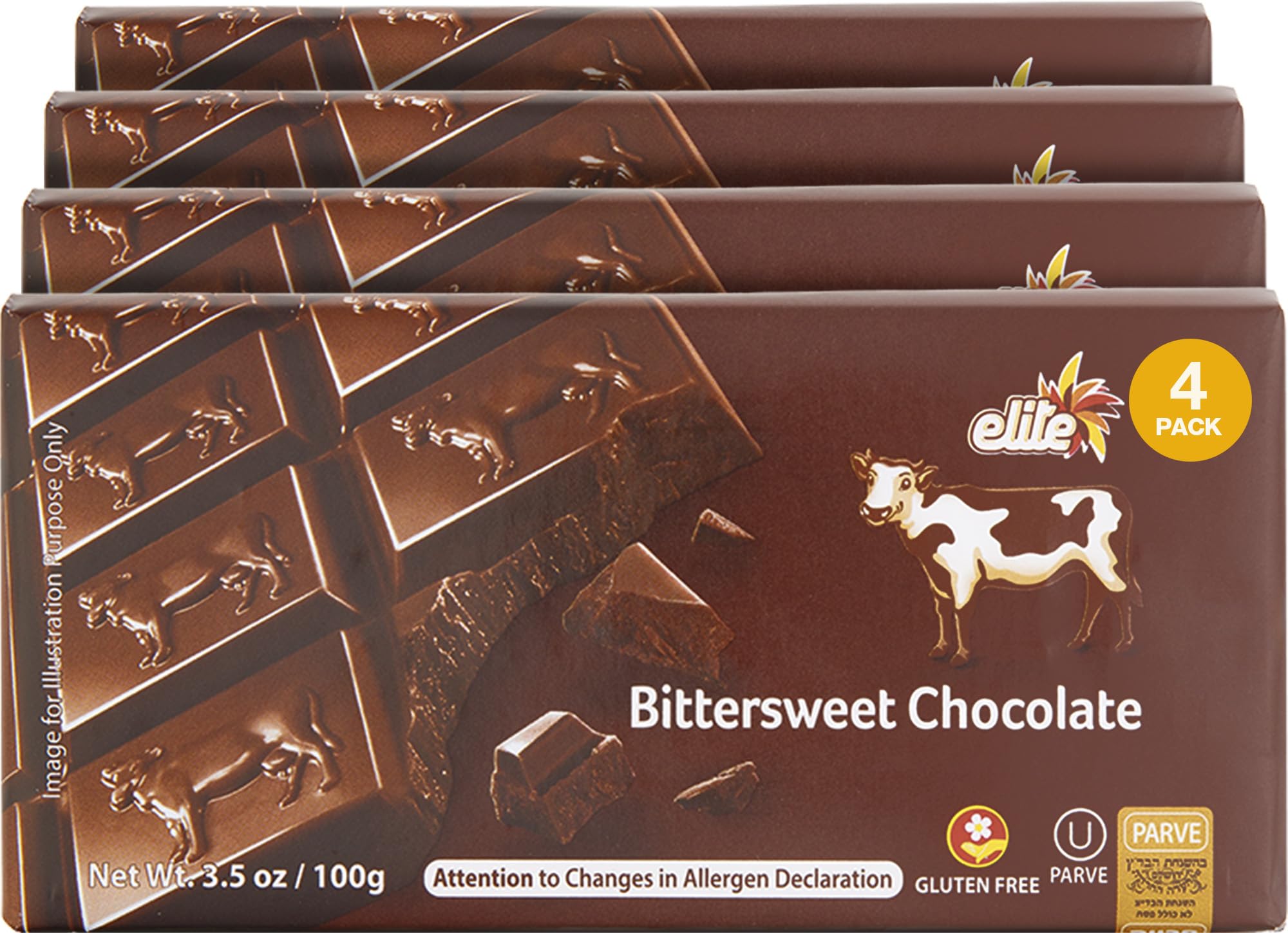 Elite Bittersweet Chocolate Bars, 3.5 oz (4 Pack) | Smooth & Creamy | Premium Rich Dark Chocolate | Dairy Free | Gluten-Free | Product of Israel