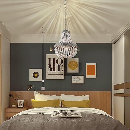 Miniatura 3 de Newrays Lámpara de araña con cuentas de madera, color gris y blanco, acabado bohemio, bohemio, playero, lámpara de techo (13.8 pulgadas x 16.5 Gris