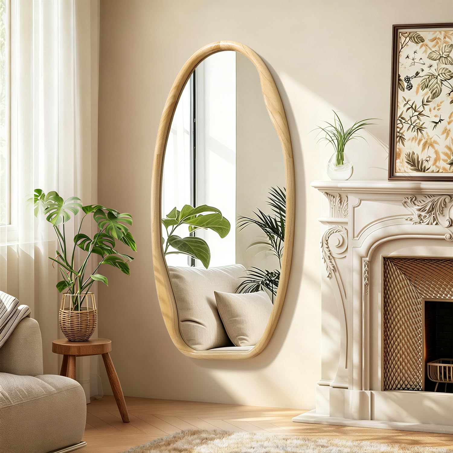 JJUUYOU Espejo de pared con marco de madera irregular, espejos asimétricos para pared, 100 x 50 cm, espejo decorativo de madera para colgar en baño, dormitorio, sala de estar, guardarropa, entrada