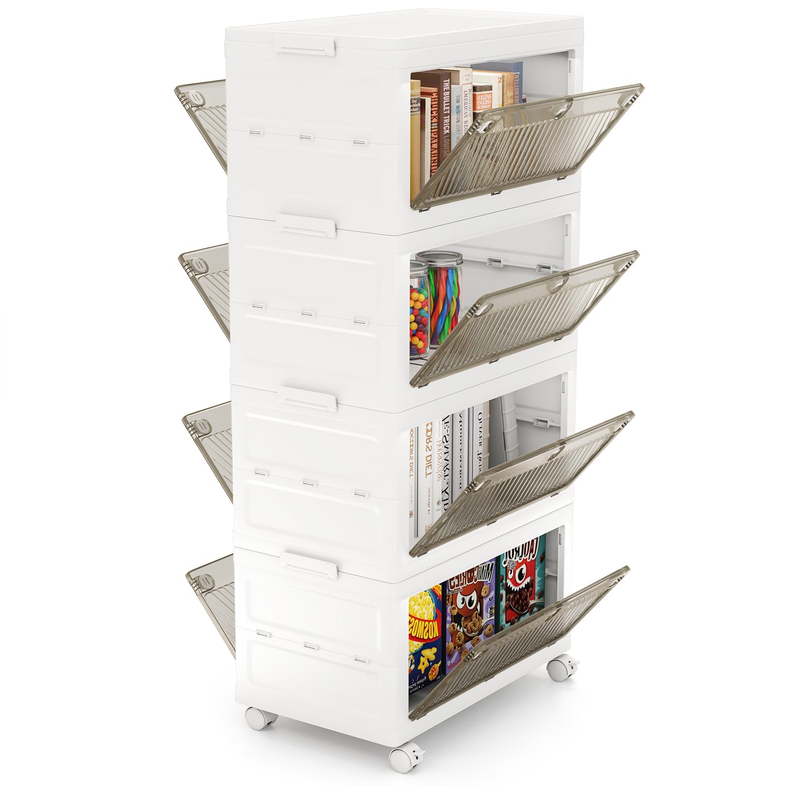 COSTWAY 168 L Aufbewahrungsbox mit Deckel, 4er Set Stapelboxen faltbar, Aufbewahrungsbehälter mit Zweiweg-Türen & Rollen, Boxen Aufbewahrung Kunststoffbox, Weiß (168 L)