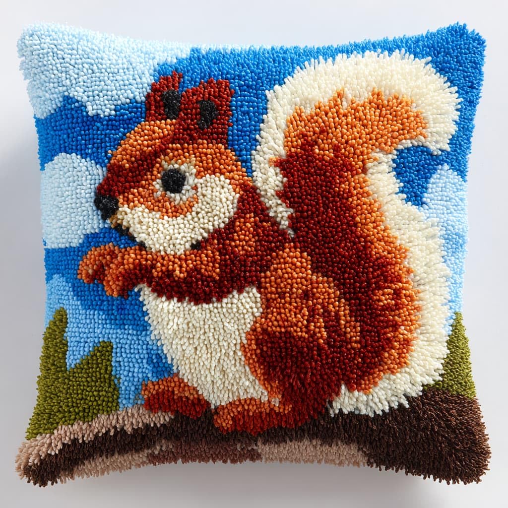 Taxpy Latch Hook Kits, Animal Squirrel Pillow Cover DIY Crochet Hook Cushion Rug Making Kits with Printed Pattern Canvas Needlework Hooking Adorment 43x43cm