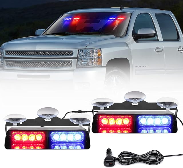 JMEST LEAD Emergency Strobe Lights 2x 7.2 Inch Interior Windshield Strobe Lights 16 LED 18 Flash Modes Dash Emergency Beacon Warning Lights with Suction Cups 12V For Car Truck Vehicles (Red & Blue)