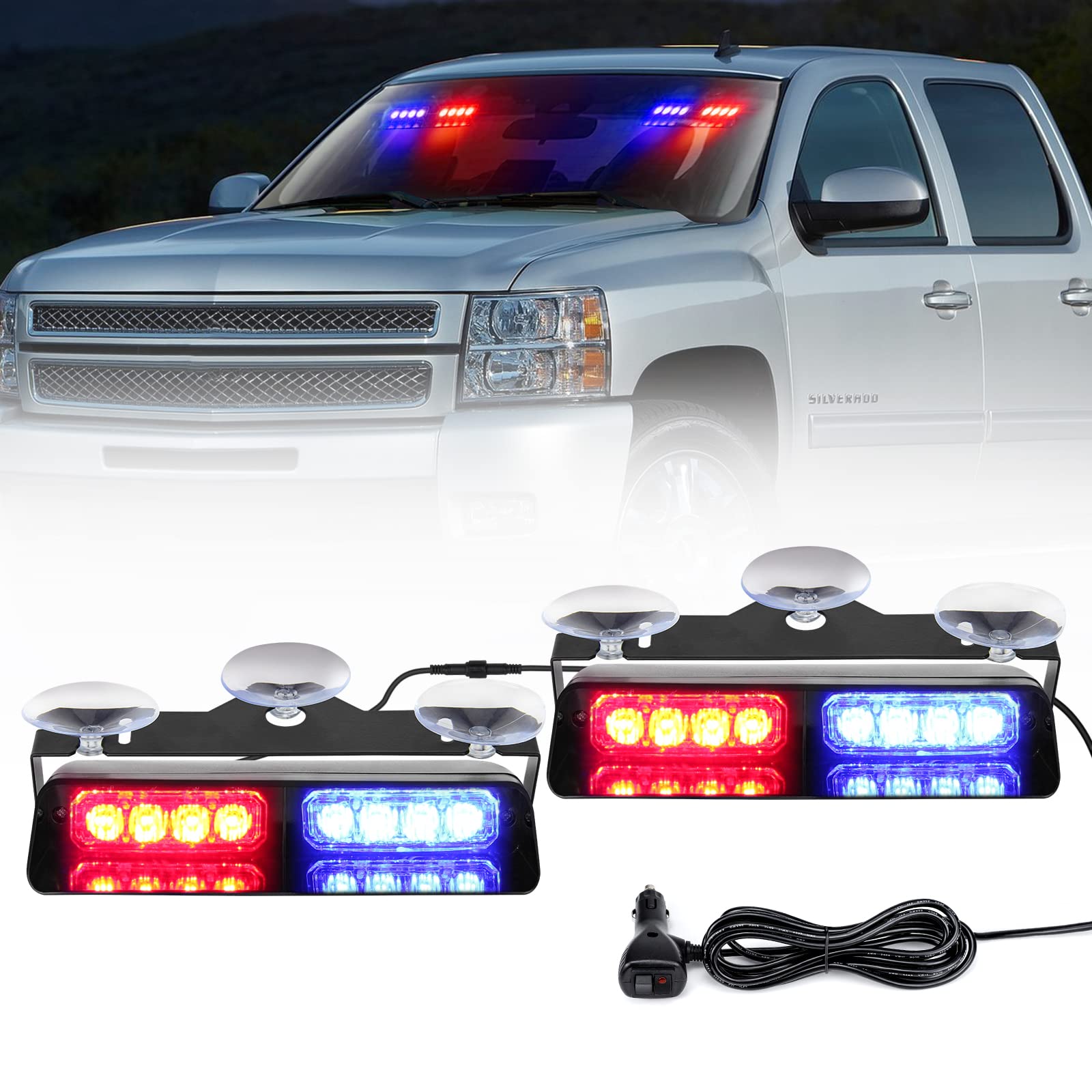 2 luci stroboscopiche di emergenza per parabrezza, 18 LED, 18 lampeggianti, con ventose, 12 V, per auto, camion, veicoli (rosso e blu)