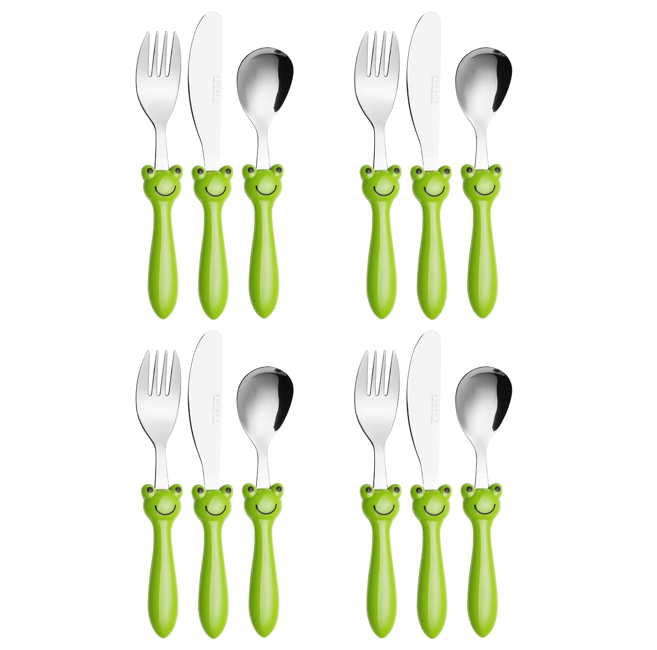 Exzact Frog X Children's Cutlery Stainless Steel 12Pcs/ Kids Cutlery/Toddler Flatware - 4 X Forks, 4 X Dinner Knives, 4 X Spoons - Bpa Free - Dishwasher Safe Size 12