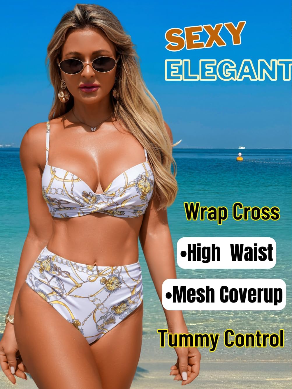 Women's 3 Piece Bikini Set with Mesh Cover Up, Sizes 0-14 Chain Print Underwire High Waisted Twist Front Swimsuit - Image 3