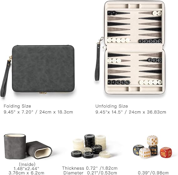 9.4 Backgammon Sets for Adults, Classic Board Game with Folding Faux Leather Backgammon Case, Portable Travel Backgammon Game Set (Black)