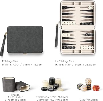 9.4 Backgammon Sets for Adults, Classic Board Game with Folding Faux Leather Backgammon Case, Portable Travel Backgammon Game Set (Black)