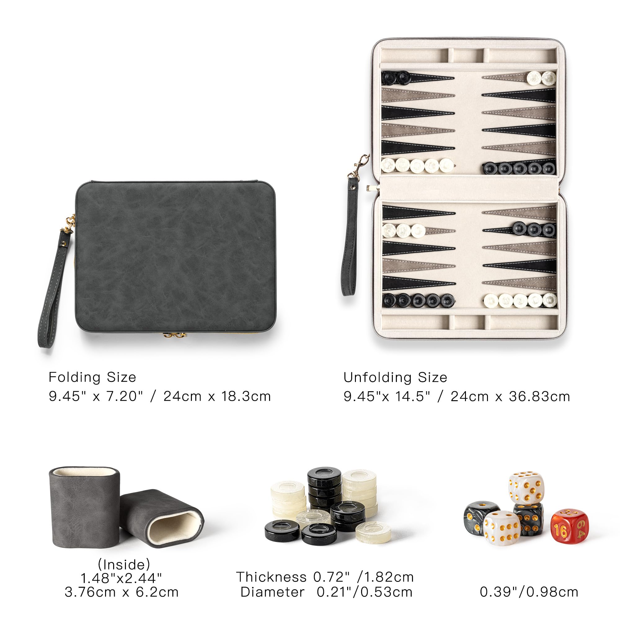 Set di backgammon per adulti e bambini, classica tavola da backgammon con dadi a dama, custodia pieghevole in finta pelle, set da gioco portatile da viaggio (nero)