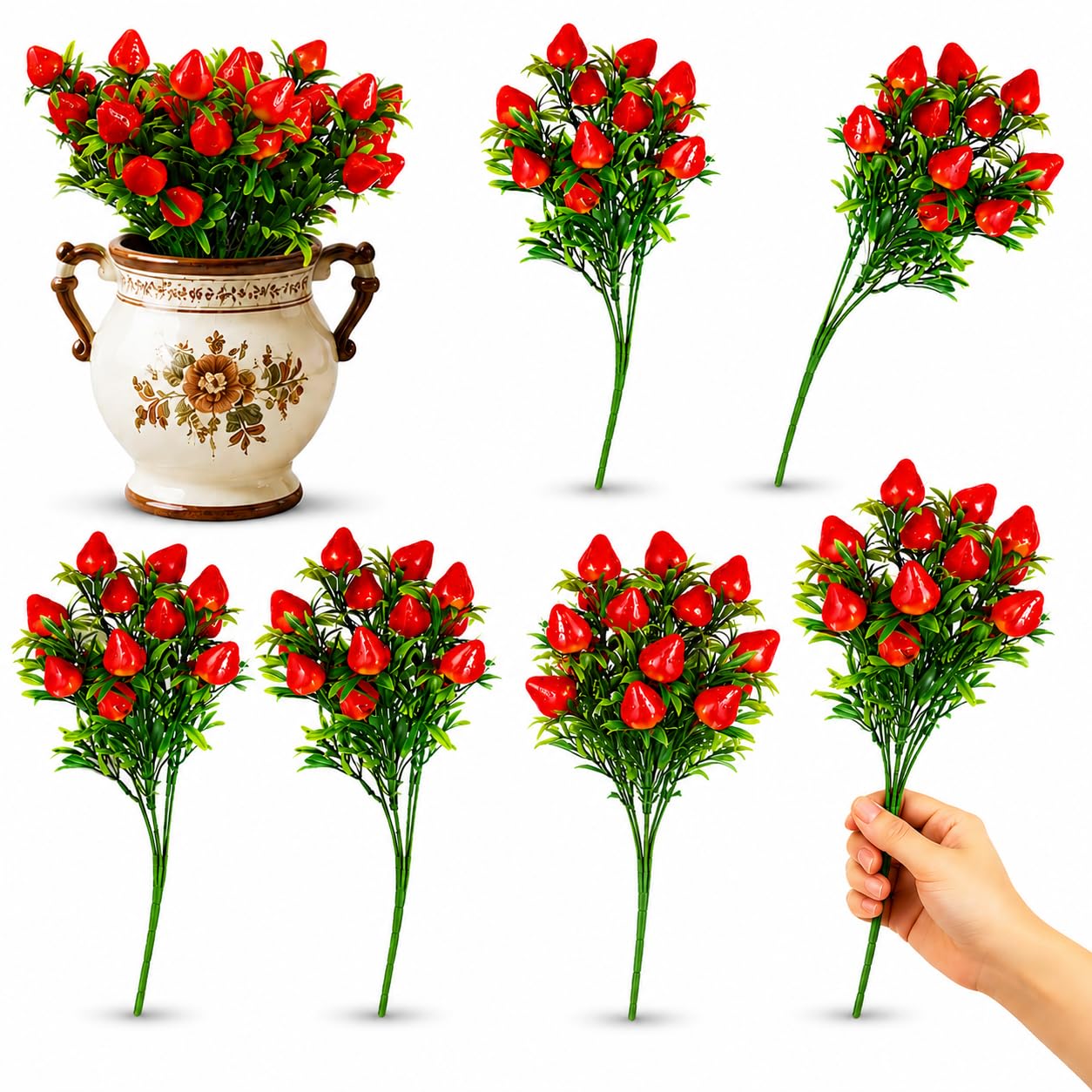 Fraises artificielles DOITOOL Lot de 6 branches de 27 cm pour composition florale