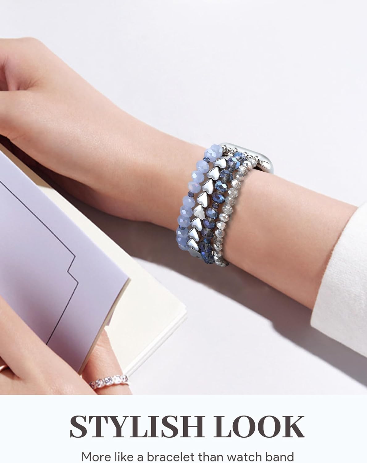 JR.DM Beaded Bracelet Bands Women Compatible with Apple Watch 38mm 40mm 41mm 42mm(S10/11) Stretch Handmade Dressy Crystal Strap Replacement for iWatch Series 11/10/9/8/7/6/5/4/3/2/1/SE, Blue Silver - Image 6