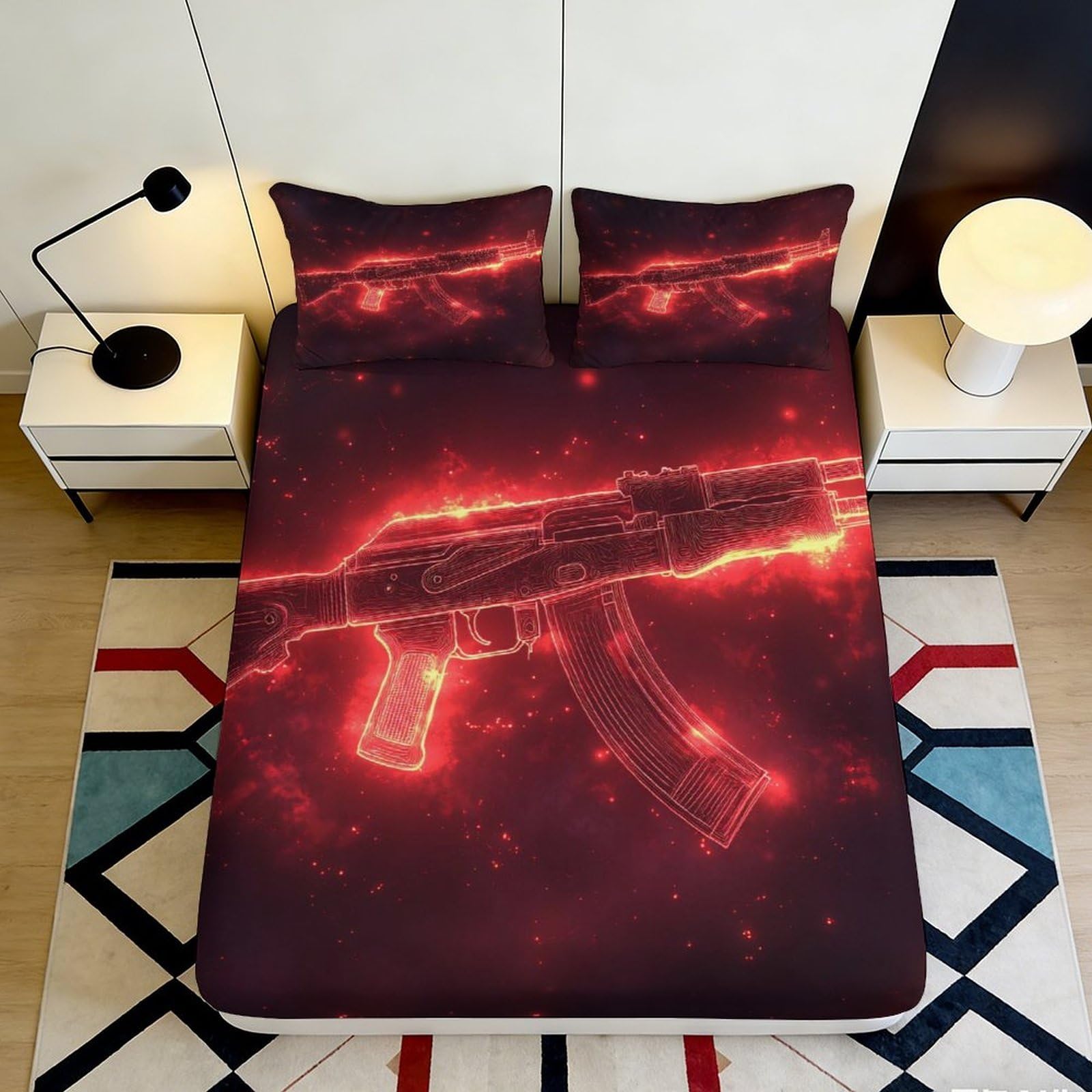 3D Printed Fiery Gun Fitted Sheet Microfiber Soft Breathable Neon Rifle Mattress Cover for Bedroom Dorm Dormitory Guest Room Protection 180x200x25cm