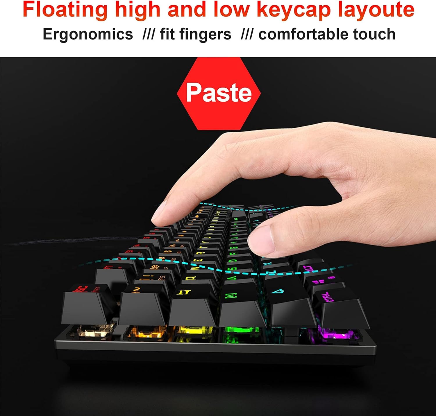 Close-up of a hand typing on the HXSJ L300 keyboard, illustrating the ergonomic keycap design.