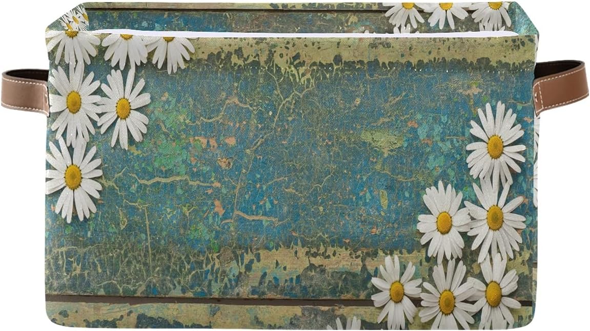 Flowers Daisy Wooden Canvas Fabric Storage Basket Collapsible Toys Storage Bin with PU Leather Handles Basket Box Organizer for Wardrobe Closet Shelves Organiser