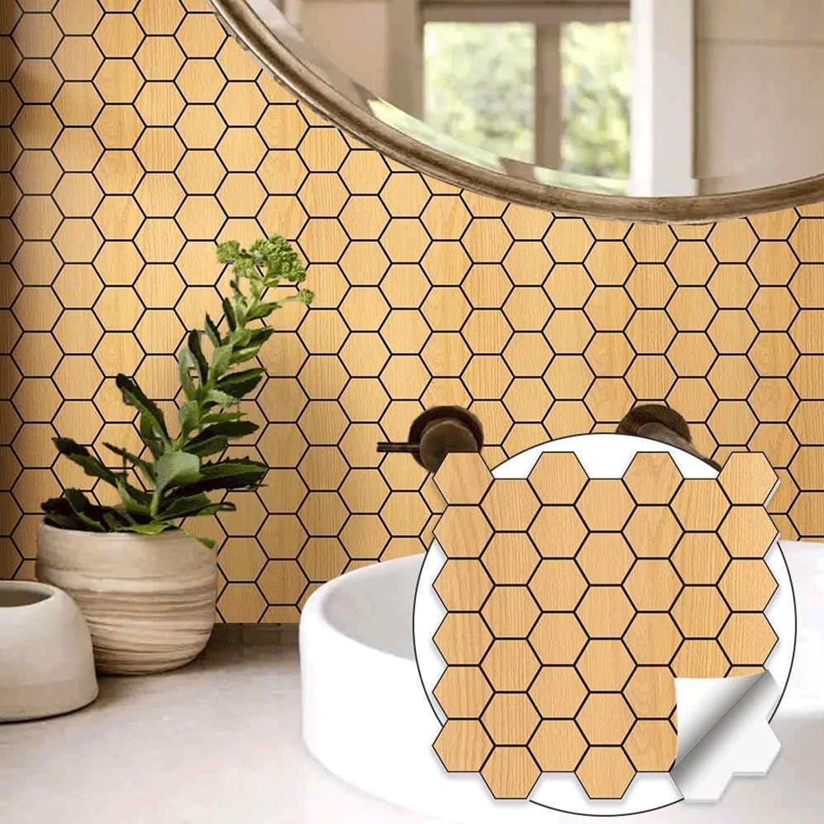 Hexagonal Tile Wallpaper, Kitchen & Bathroom Self-Adhesive Mosaic Tiles with Waterproof Performance(Yellow)