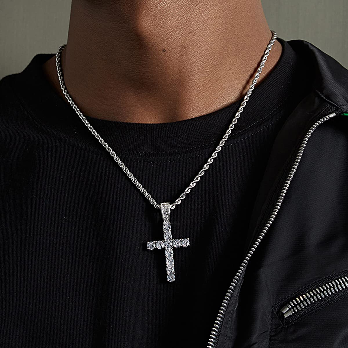 Collana Uomo Donna, Croce Collane Girocollo Uomo Acciaio Inox con Zirconi, Catena con Pendente Croce Catenina Rapper, Retrò Catenella Acciaio Inossidabile Ciondolo Pendaglio Regalo per Ragazzo