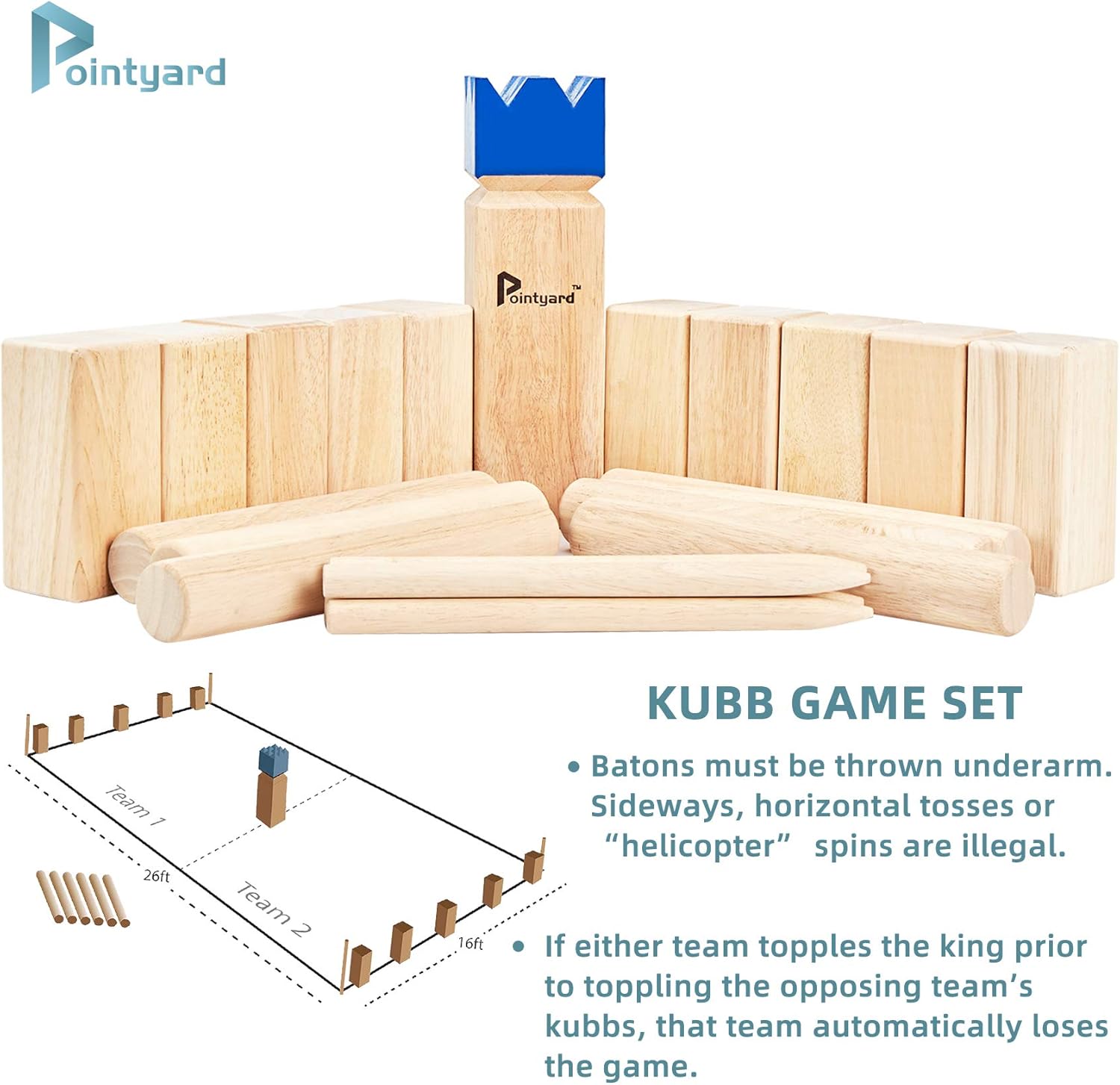 Pointyard Kubb Yard Game Set for Adults & Families - Viking Chess Outdoor New Zealand Pine Wooden Toss Game with 10 Blocks, 6 Batons, Carrying Bag | Perfect for Backyard Party BBQ Lawn Camping Beach