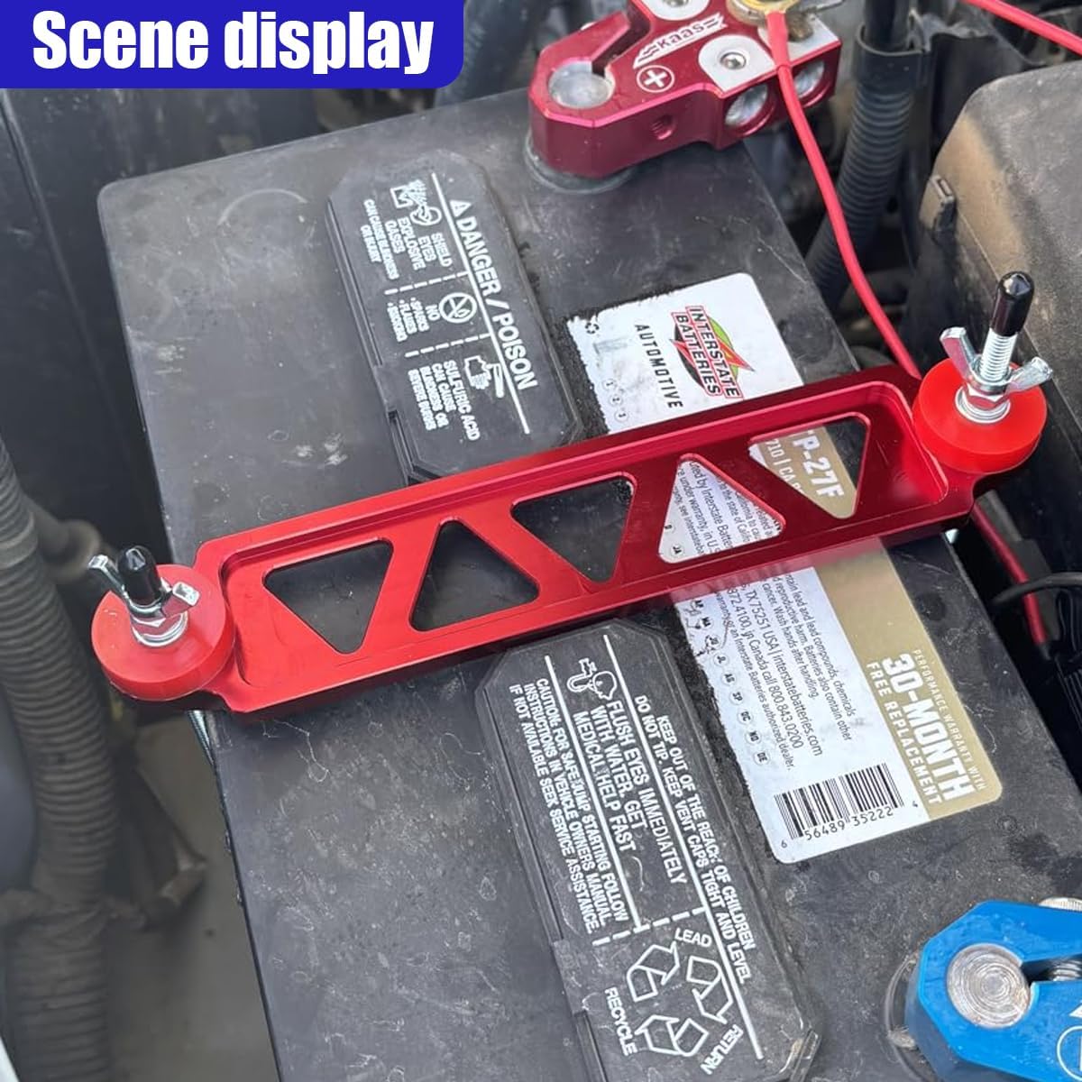 Car Battery Hold Down Kit, Aluminum Alloy Battery Holder Kit with Stainless Steel J Bolts, Universal Battery Tie Down Mount Bracket Accessories for Most Vehicles (Red)