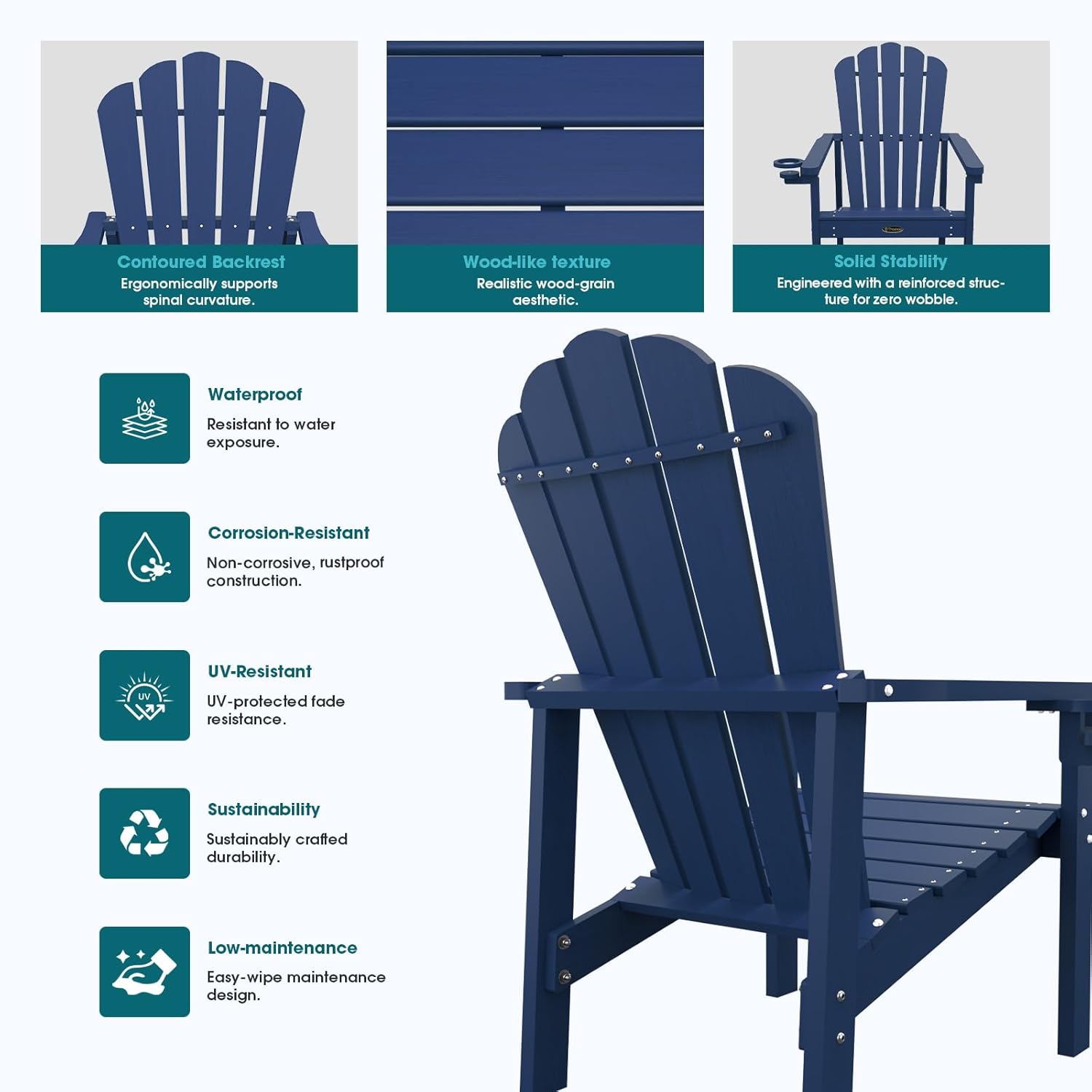 THOEOE Stackable Adirondack Chair Set of 2, HDPE All-Weather Adirondack Chairs - Durable and Space Saving, Plastic Outdoor Fire Pit Chairs with Cup Holder,Navy Blue