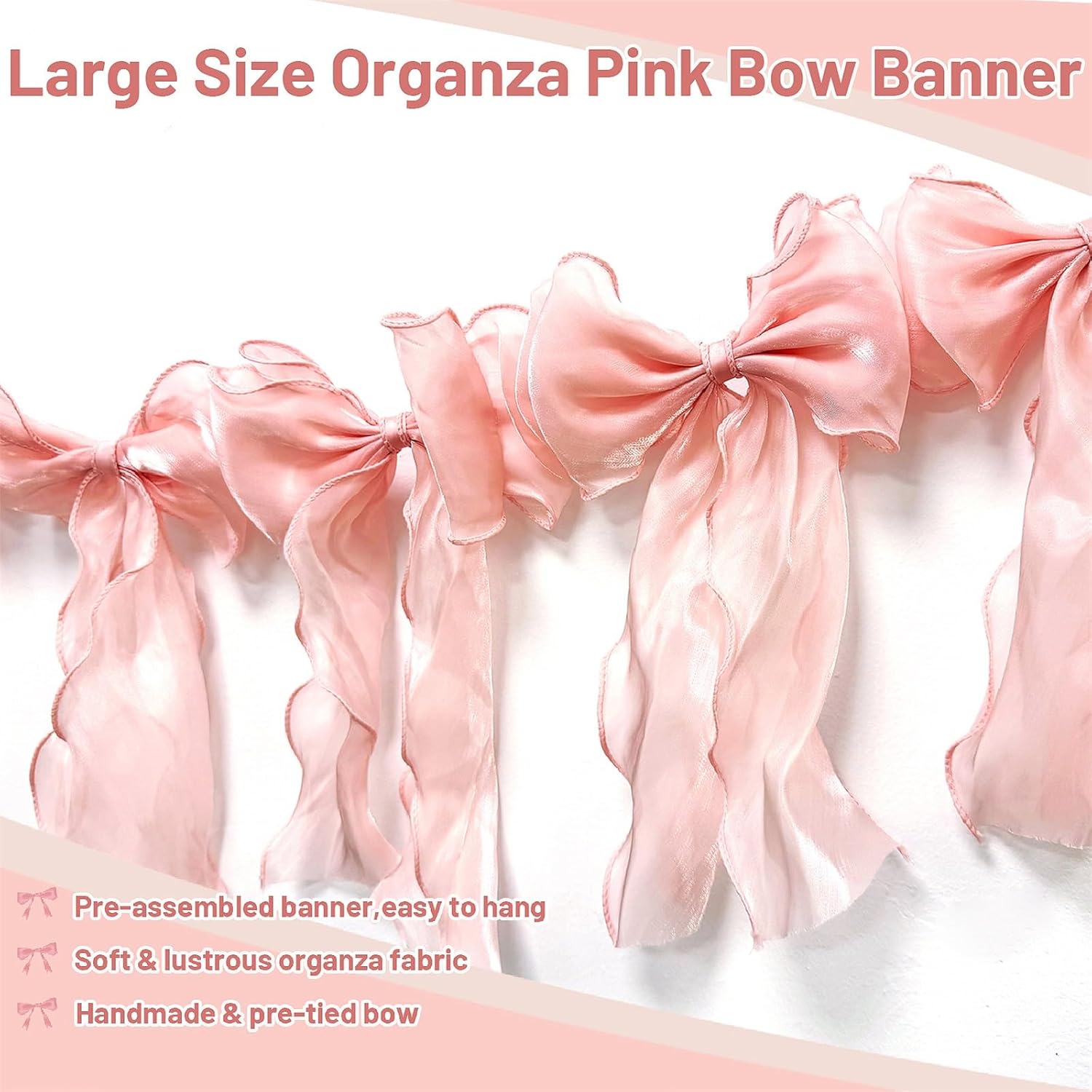 Pink Bow Garland Banner, Pre-Strung Satin Ribbon Bow Themed Party Decorations, Baby Shower Decor, Girl Birthday Banner, Photo Booth Background for Bridal Shower Bachelorette Parties (Pink) - Image 4