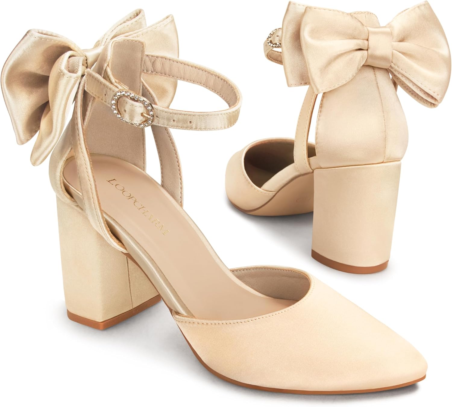 Womens Closed Pointed Toe Heels with Bow Low Chunky Block Heel Ankle Strap D'Orsay Pumps Bridal Wedding Dress Shoes - Image 5
