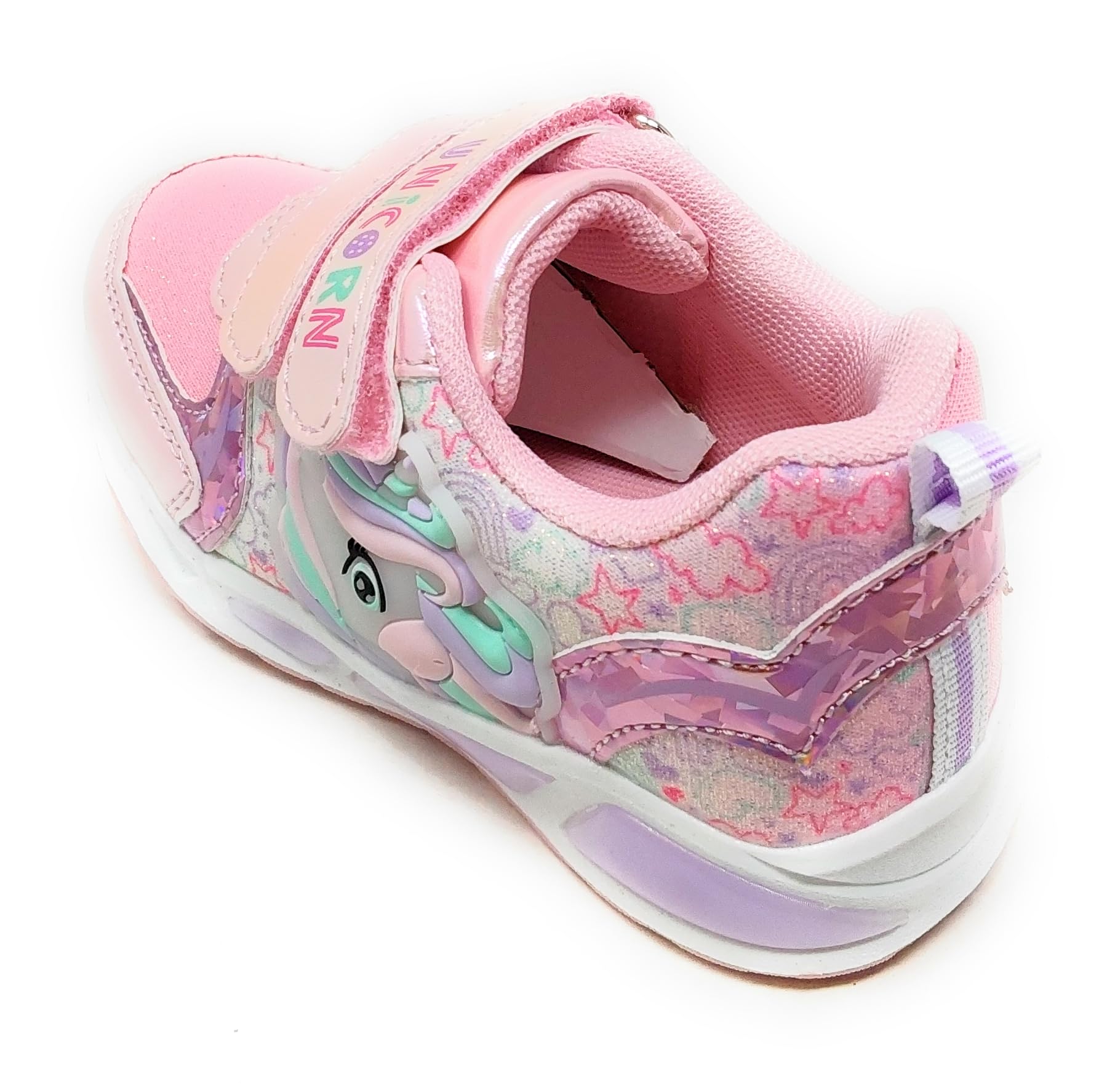 Zapatillas de niña con unicornio, rosa con purpurina, doble tira, luces integradas en la entresuela y en el lado zapatilla