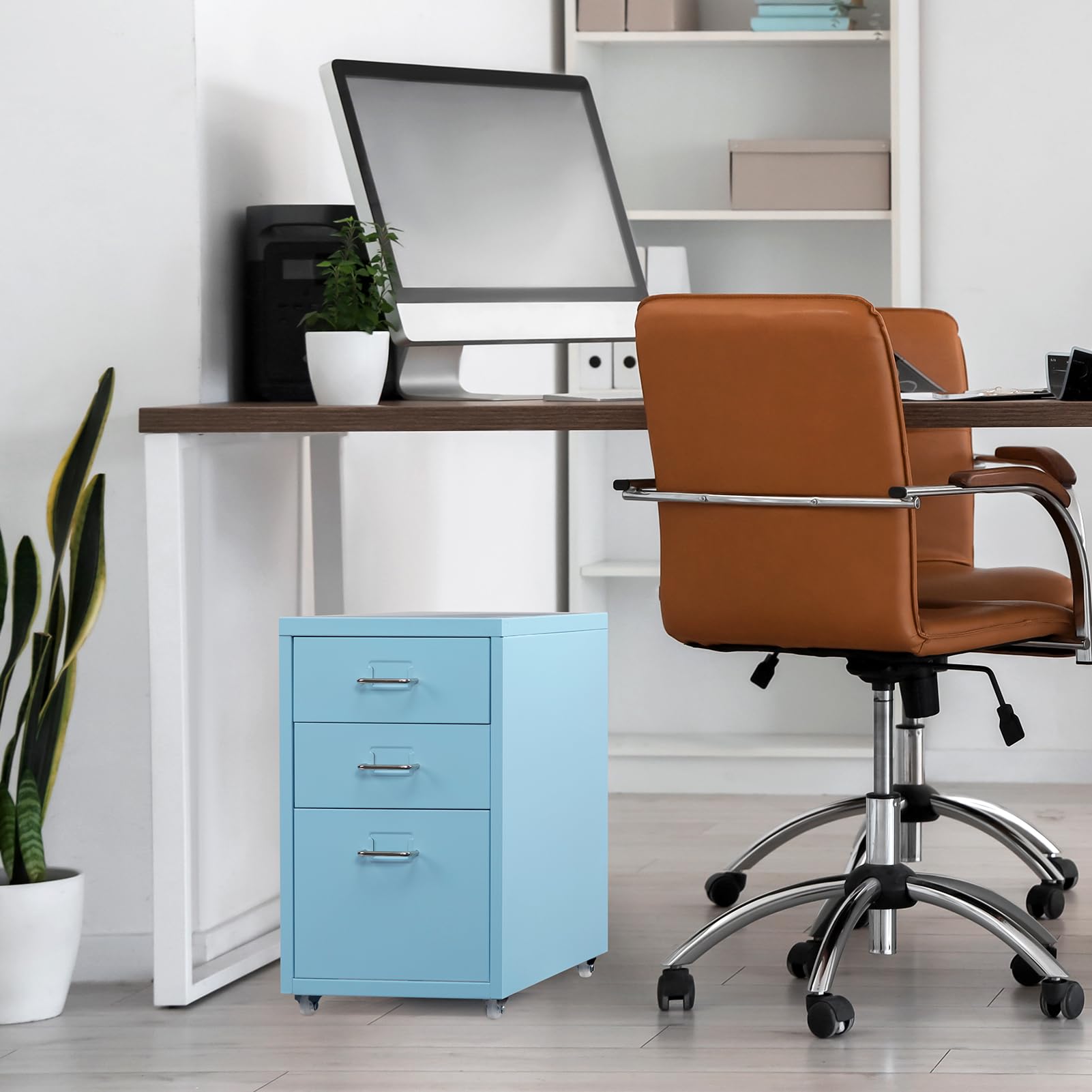 HollyHOME Schedario Mobile a 3 Cassetti, Organizzatore Portadocumenti Sotto Scrivania su Rotelle, Armadietto Portadocumenti in Metallo con Rotelle per Casa e Ufficio, Azzurro
