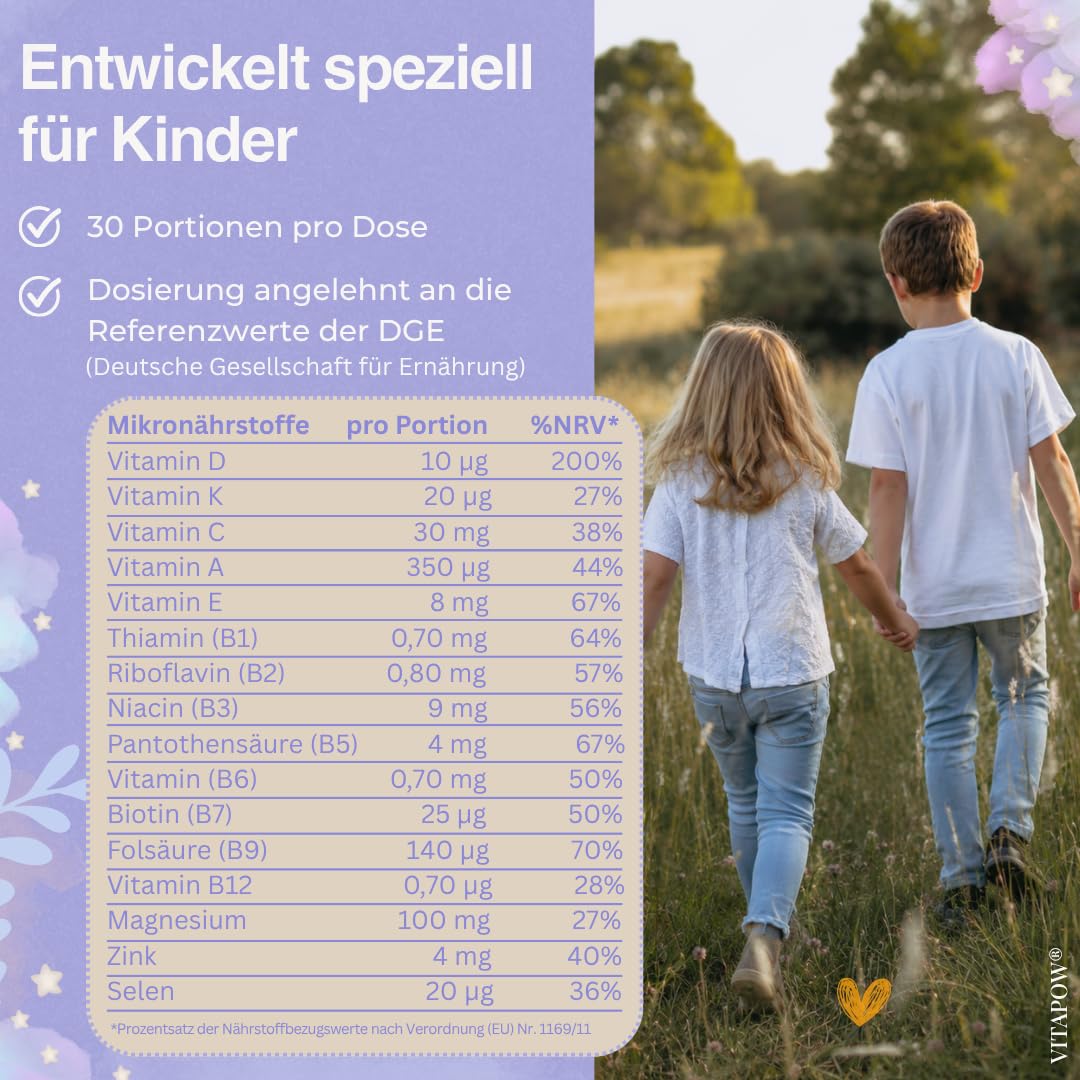 Vitamine für Kinder - Multivitamin Pulver mit Mineralstoffen ab 4 Jahren - Immunsystem Kinder - ohne Zuckerzusatz, vegan, in Deutschland hergestellt - Multifrucht-Geschmack - 30 Portionen