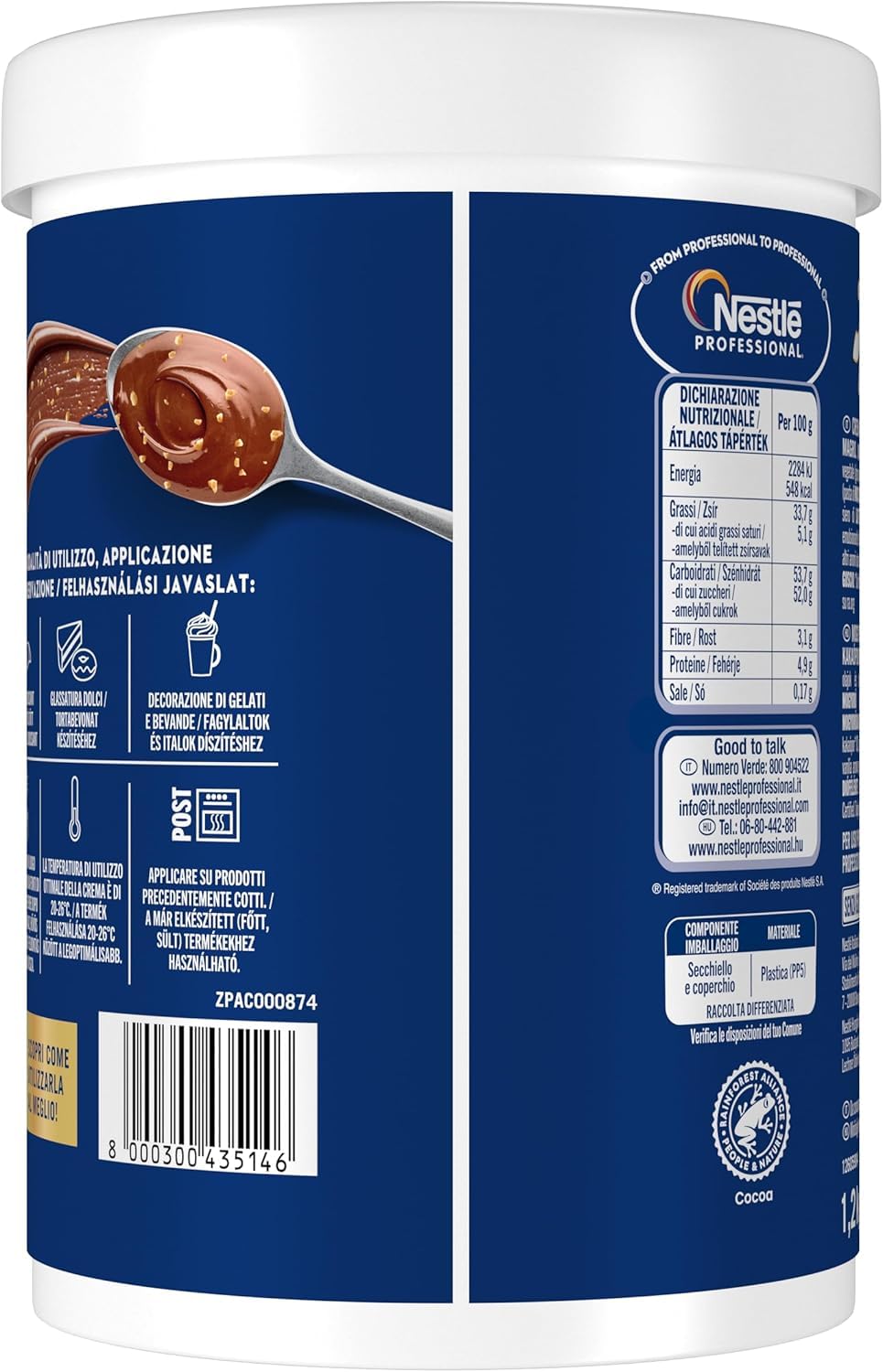 PZ 2 BARATTOLI DI CREMA SPALMABILE 1,2KG CREMA SPALMABILE CON NOCCIOLE E CACAO PER GELATERIE E PASTICCERIE BACI PERUGINA
