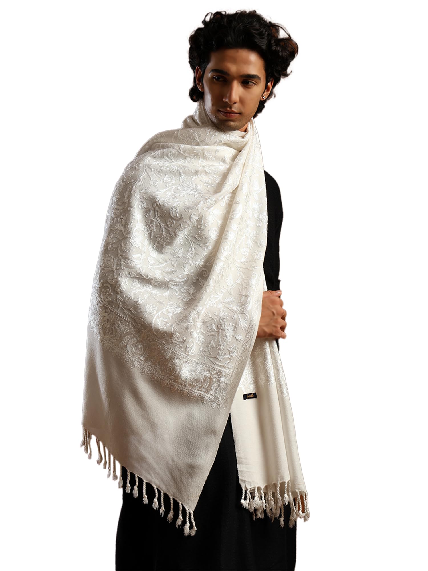 Men's Blended Wool White Stole/Muffler for Winters Kashiri Embroidery Shawl,Thick Stole for gents Small Size