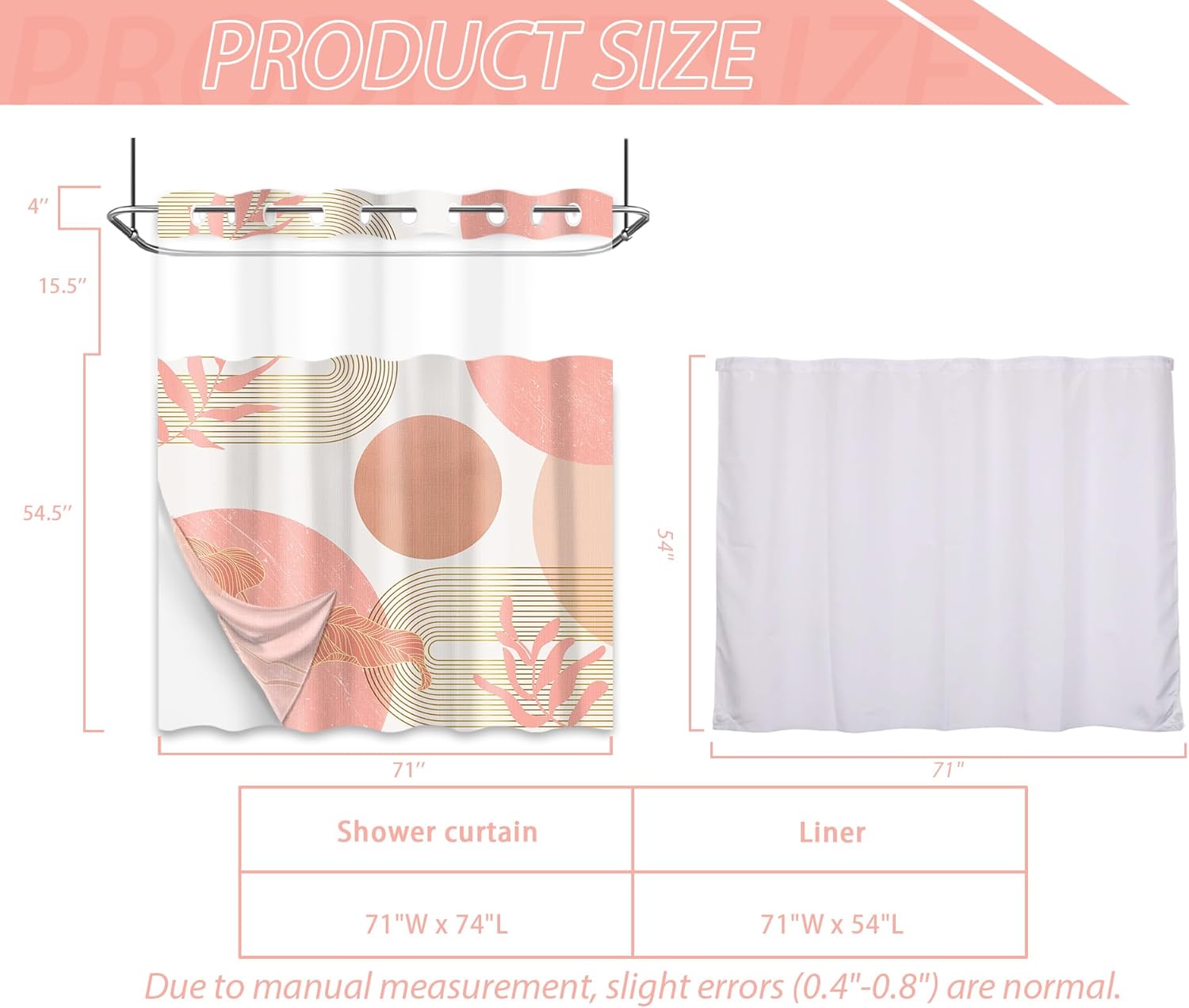 Coral Hookless Shower Curtain with Snap in Liner, White and Pink Peach Abstract MCM Girls No Hook Double Layer Shower Curtain and Liner Set, Waterproof Cloth Fabric, 71" W x 74" L (Pack of 1)