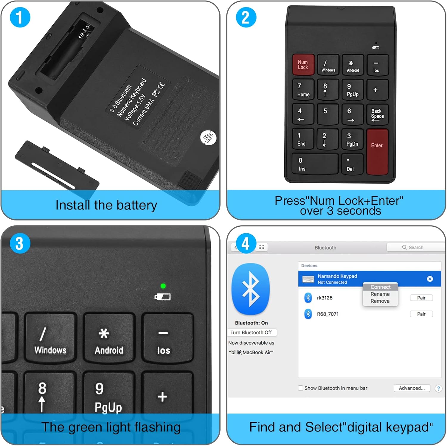 Four-panel image illustrating the Bluetooth pairing process: 1) Install battery, 2) Press Num Lock + Enter, 3) Green light flashes, 4) Find and select 'digital Keypad' on device.