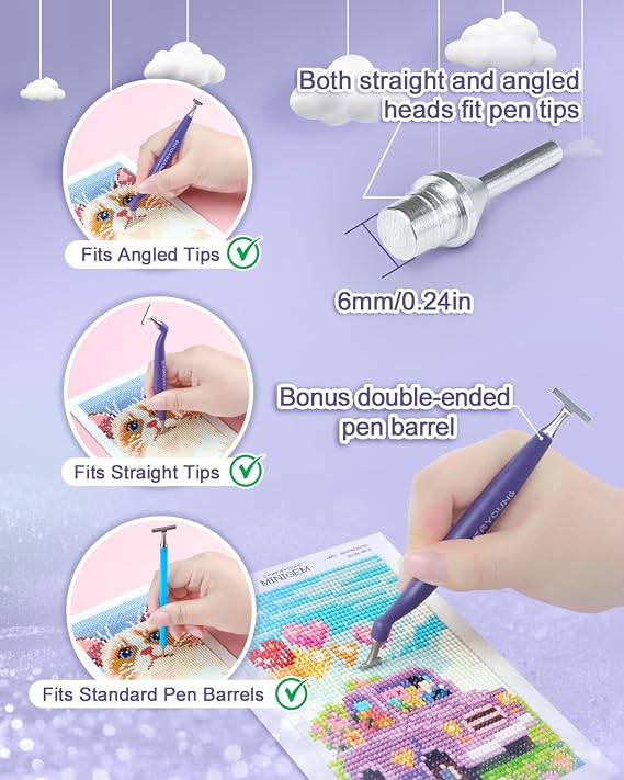 Foreveryoung Stainless Steel Diamond Painting Pen Tips, Threel Tips (1&4&8) | Unbreakable, shape-stable, slim pen tips for precise diamond art placement, includes pen with three multi-size drill tips