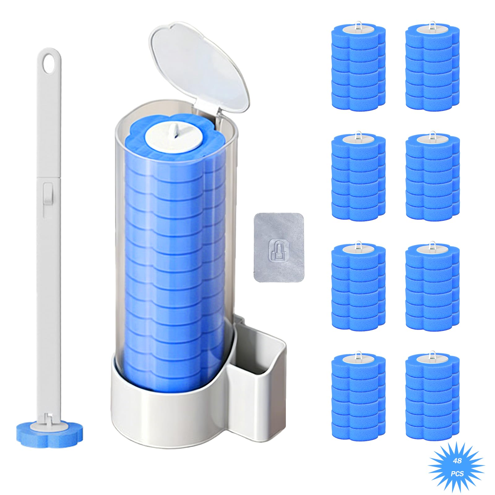 Disposable Toilet Brush with 48 Refills with Hook, Bowl Toilet Brush with Wall Mounted Holder,Toilet Wand Kit for Home Bathroom Kitchen (Ocean Fresh Scent)