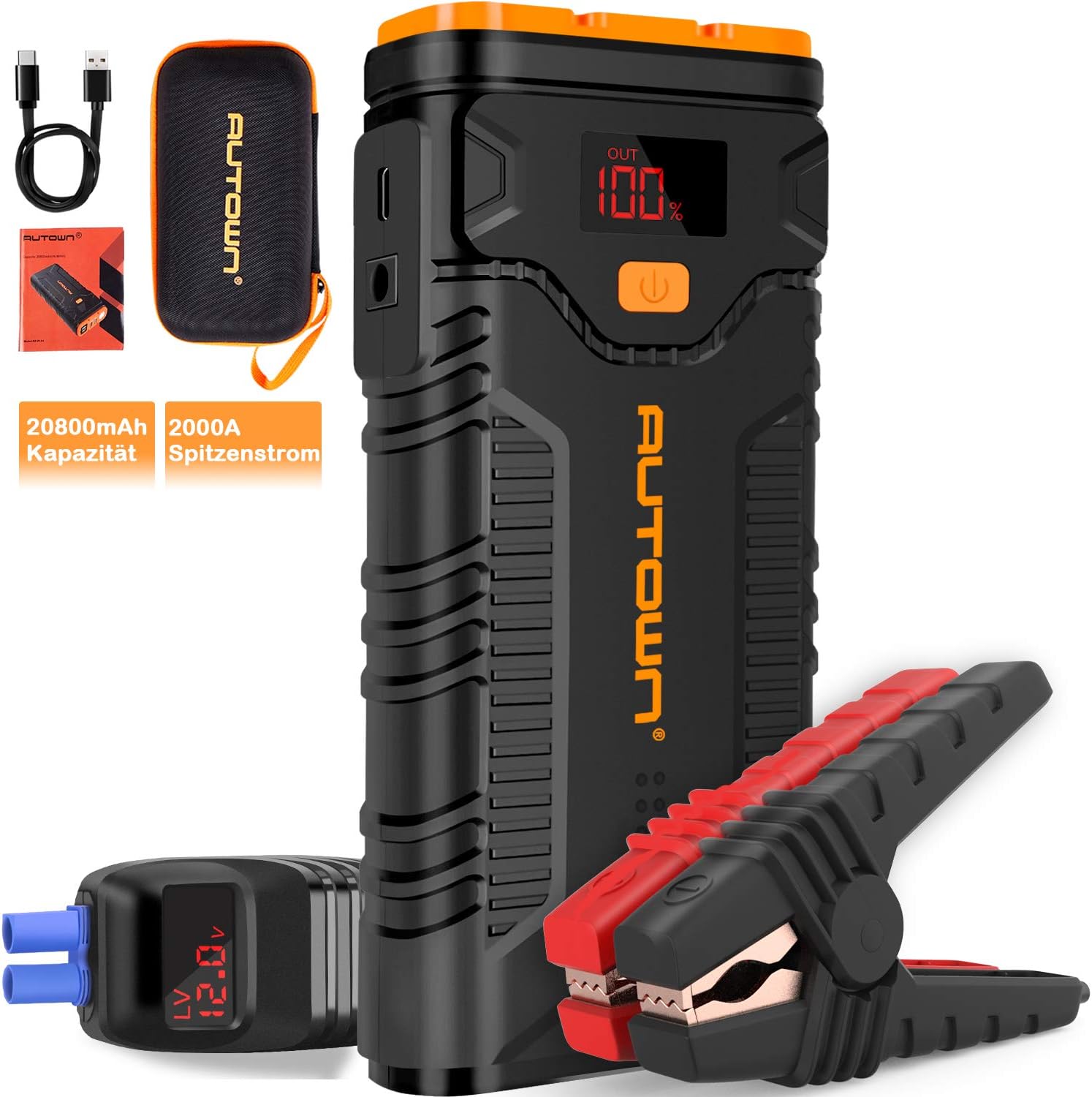 AUTOWN Jump Starter, 2000A Peak 20800mAh Car Jump Starter with Quick Charger, 12V Auto Battery Booster Portable Power Pack with LCD Screen and Type-C Cable
