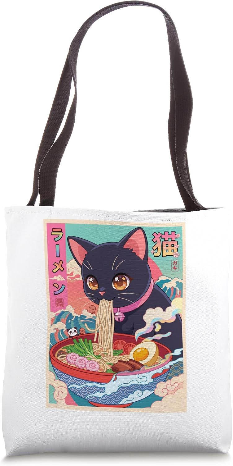 Anime Cat Eating Ramen Japanese Cute Anime Gifts Girls Teen Tote Bag