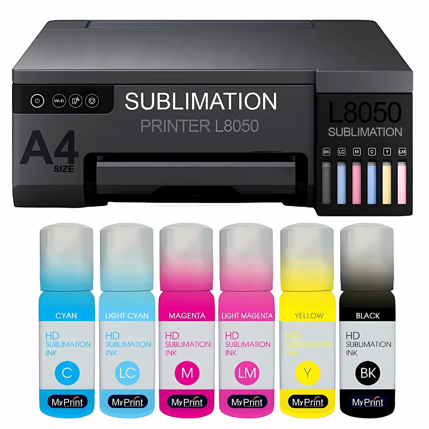 MY PRINT | Sublimation Printer L8050 with 6 Color Sublimation Ink, Including Sublimation Paper | Heat Tape | with Sample Sublimation Product, Black