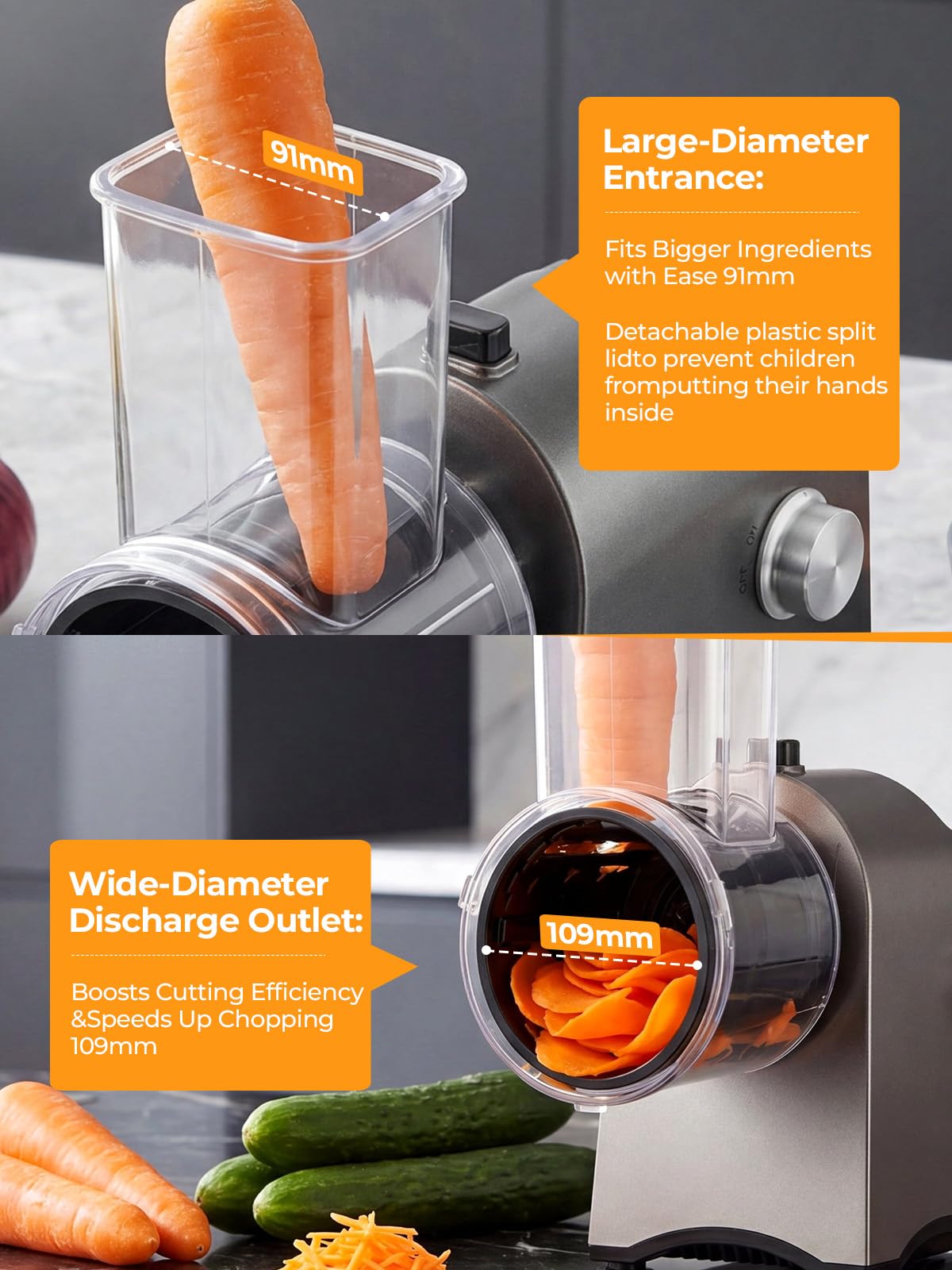 FOHERE Rallador de Queso Eléctrico 300W & Cortador de Verduras | 6 en 1 Cuchillas para Verduras Procesador de Alimentos de un Botón Para Cortar, Rallar y Moler Queso, Verduras